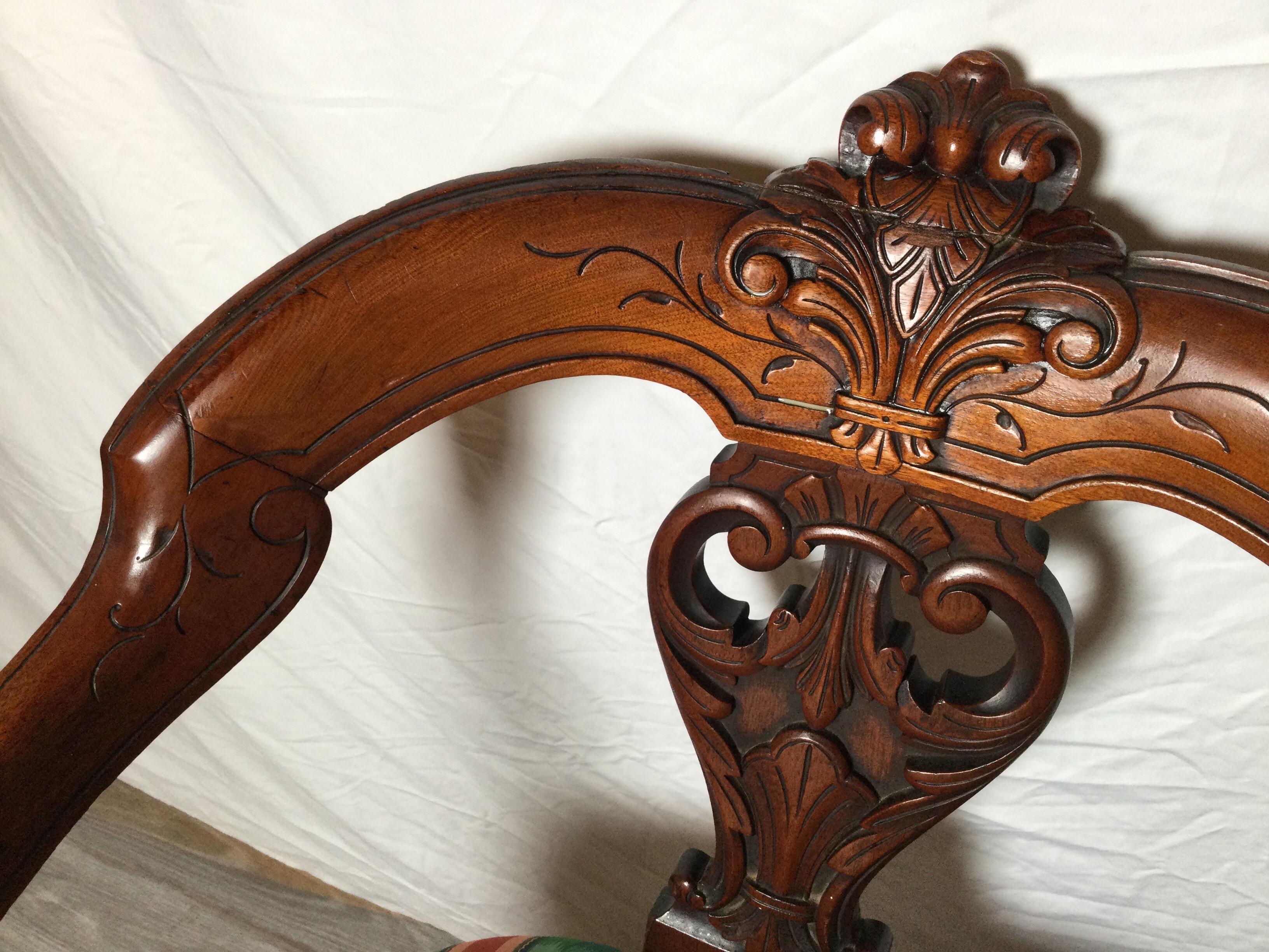 Pair of 19th Century Hand Carved Walnut Curved Back Arm Chairs For Sale 5