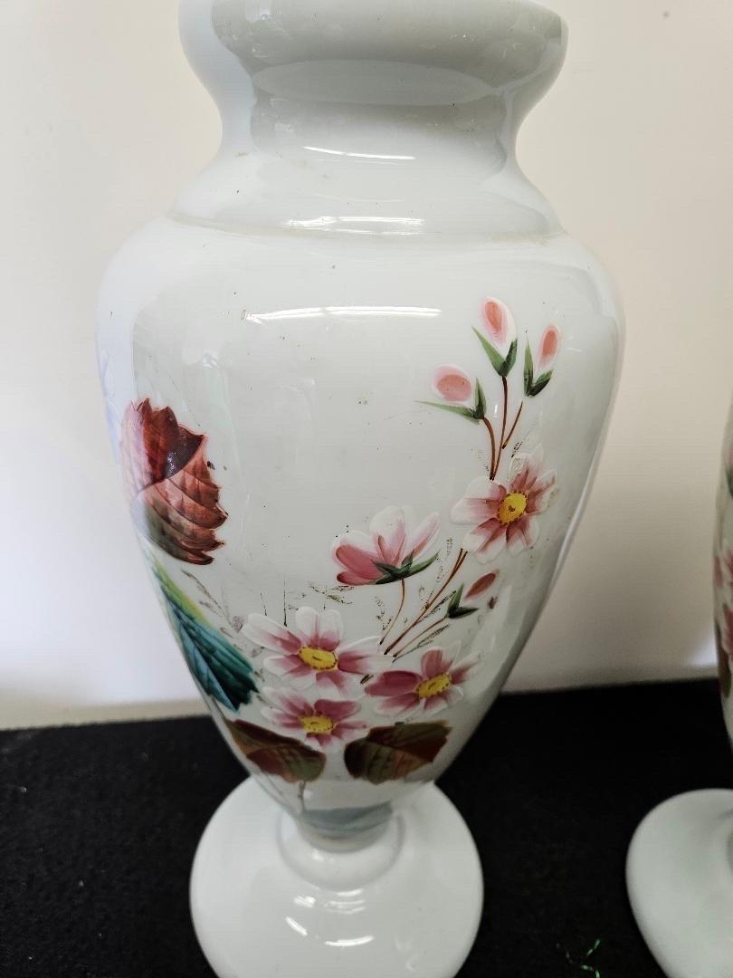 Aesthetic Movement A Pair of 19th Century Hand Painted White Opaline Vases For Sale