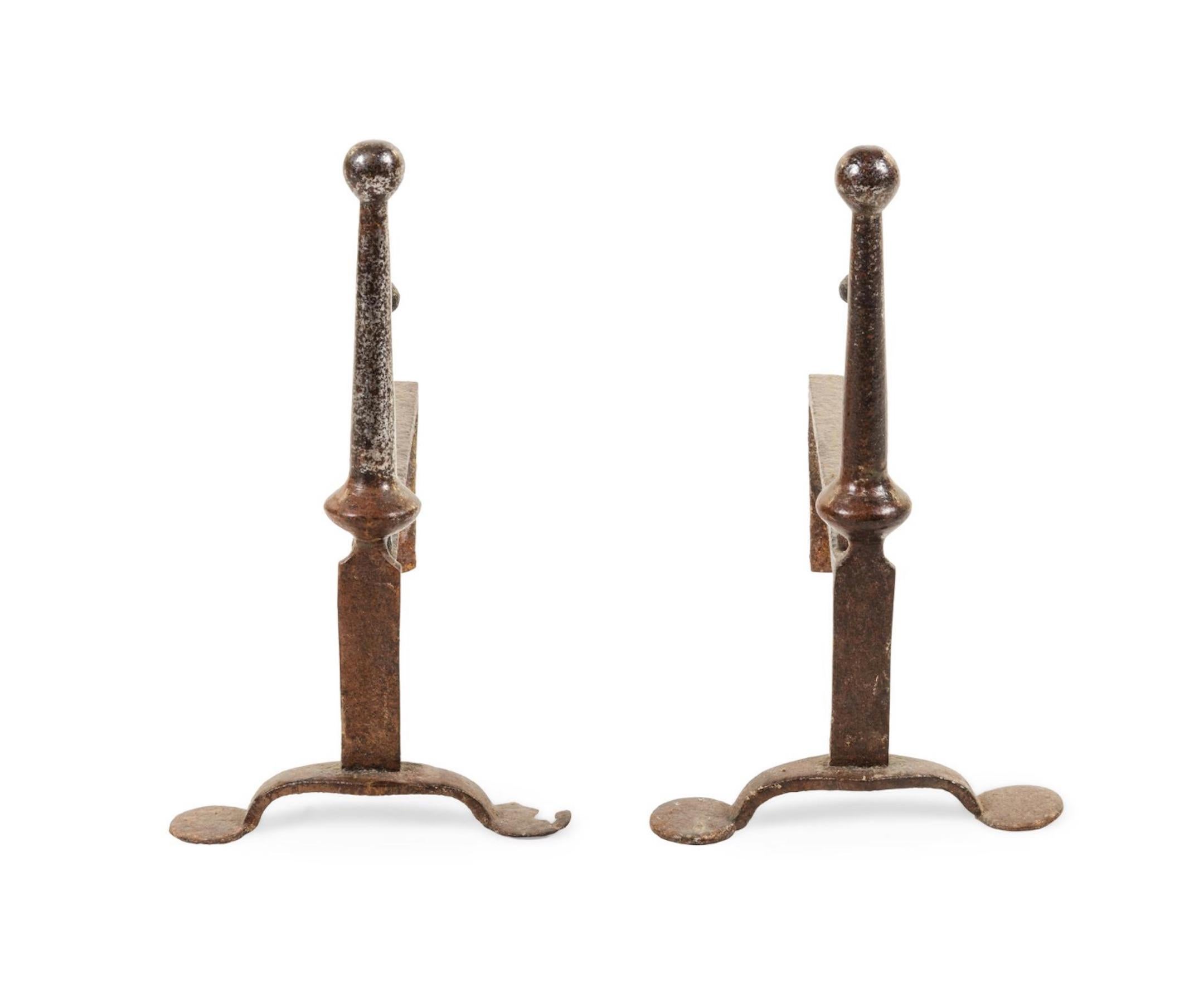 A pair of 19th century handwrought iron andirons in the style of Giacometti. Great contemporary form.
Measures: Height 15 x depth 17 inches.