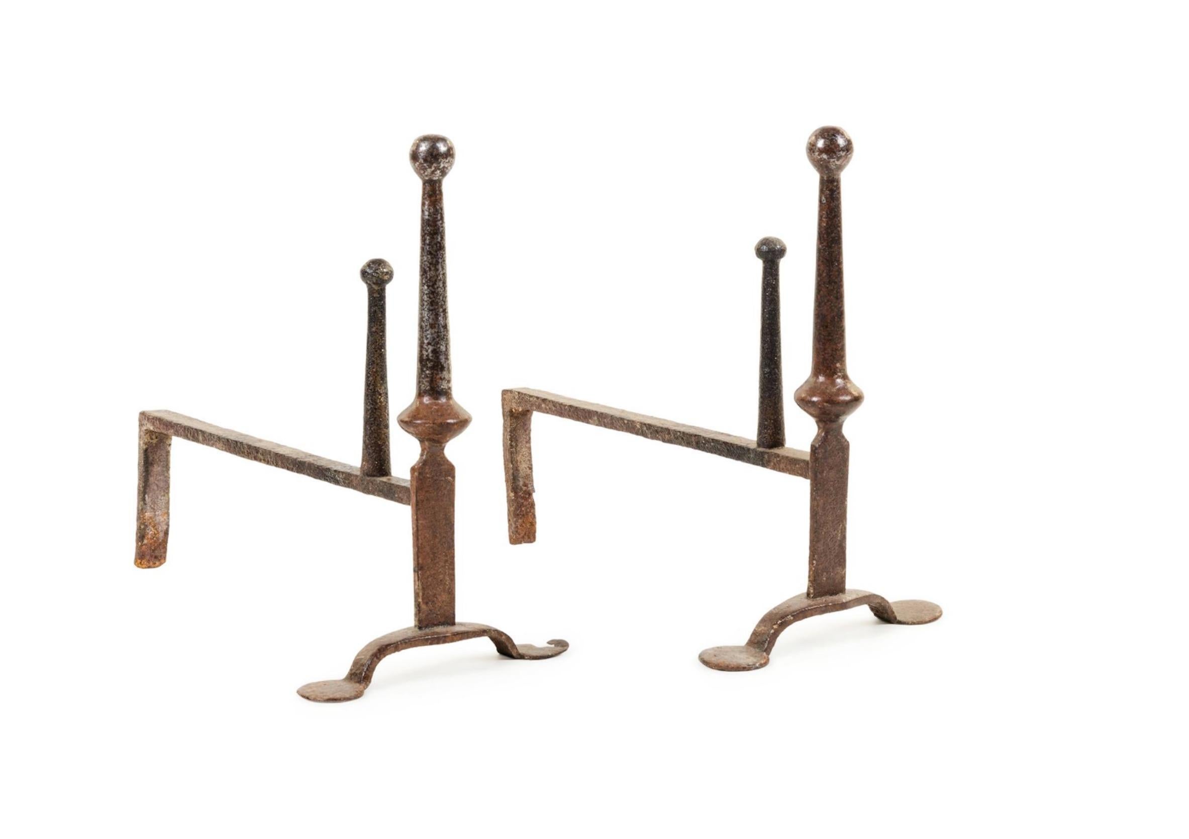 Mid-Century Modern Pair of 19th Century Handwrought Iron Andirons in the Style of Giacometti