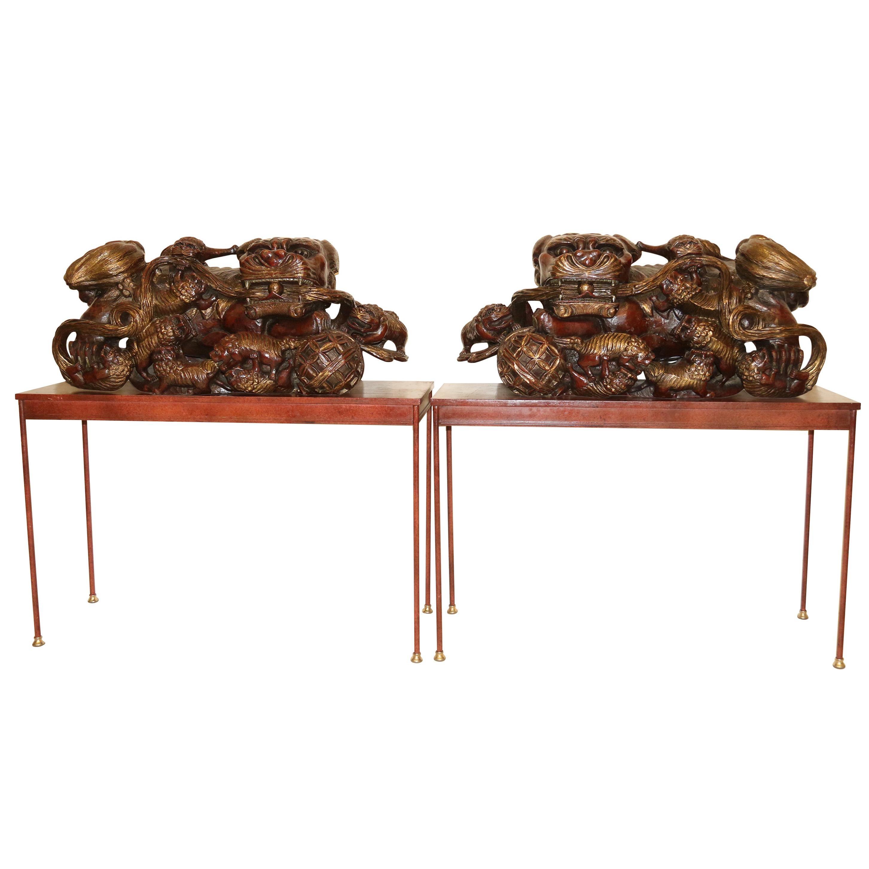 A Pair of 19th century hardwood Chinese Mythical Beasts/Dogs of Foo on Stands  For Sale