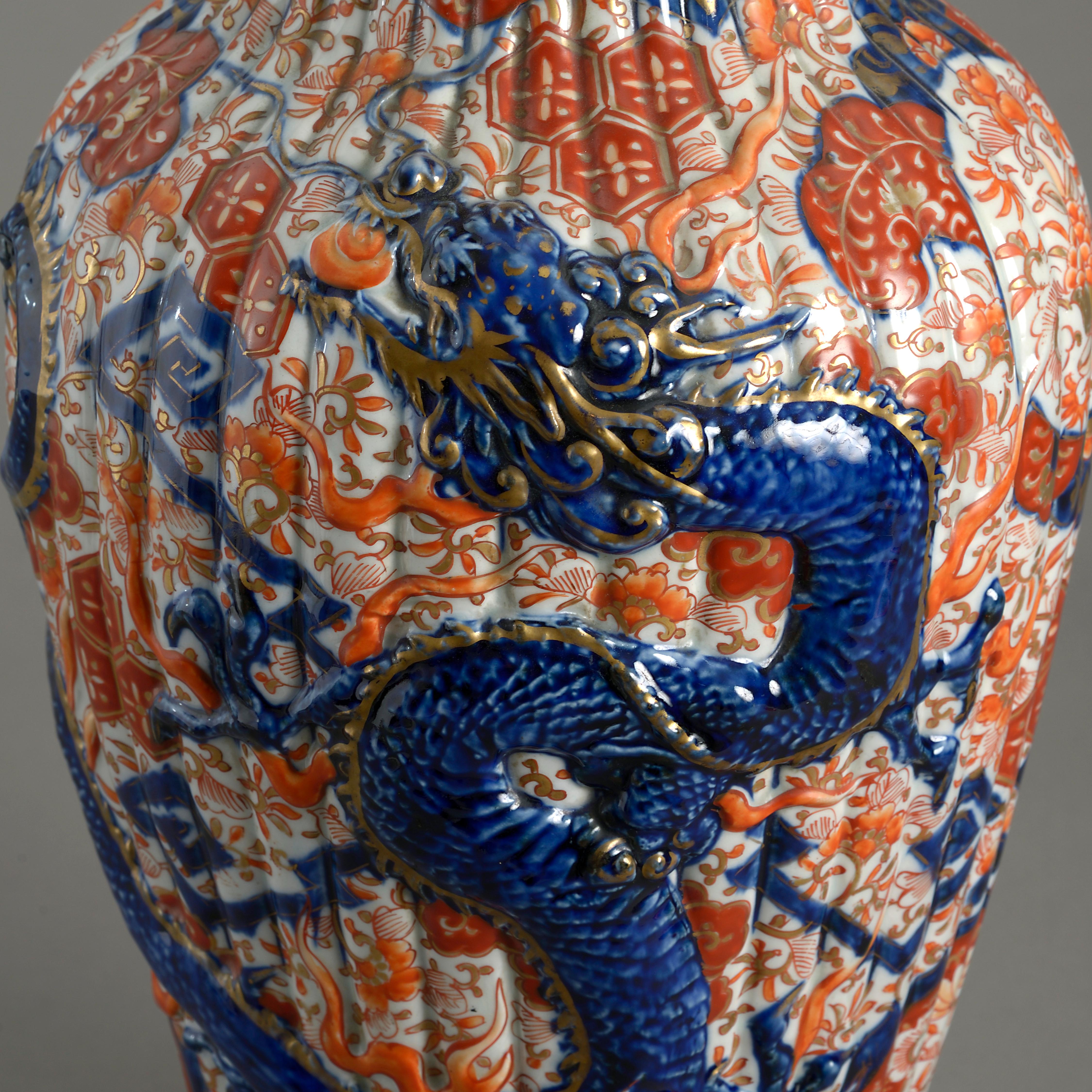 Glazed Pair of 19th Century Imari Dragon Vases