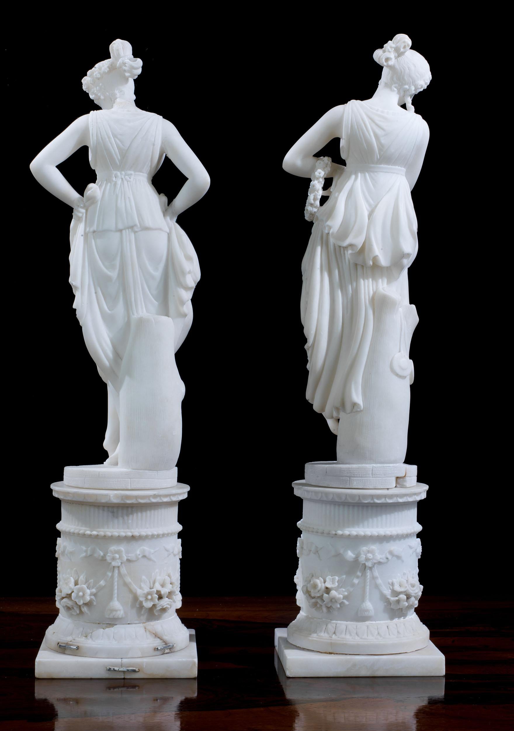 Hand-Carved Pair of 19th Century Italian Alabaster Classical Figures of Muses For Sale