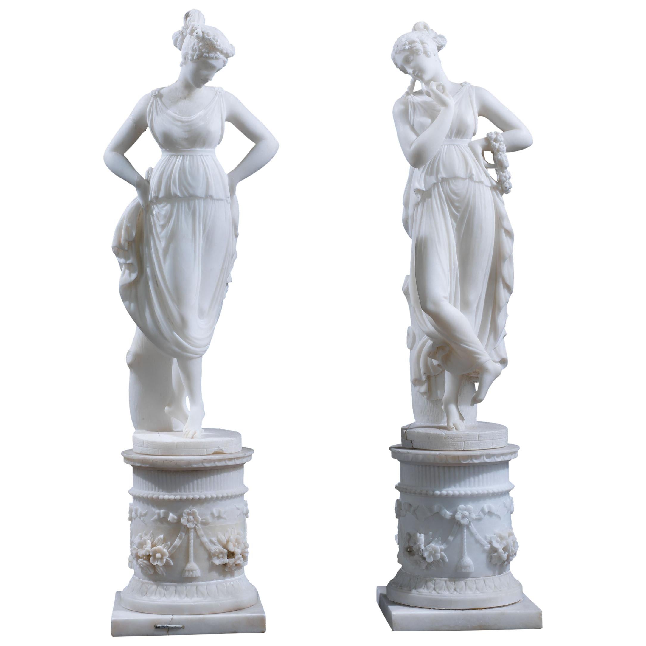 Pair of 19th Century Italian Alabaster Classical Figures of Muses For Sale
