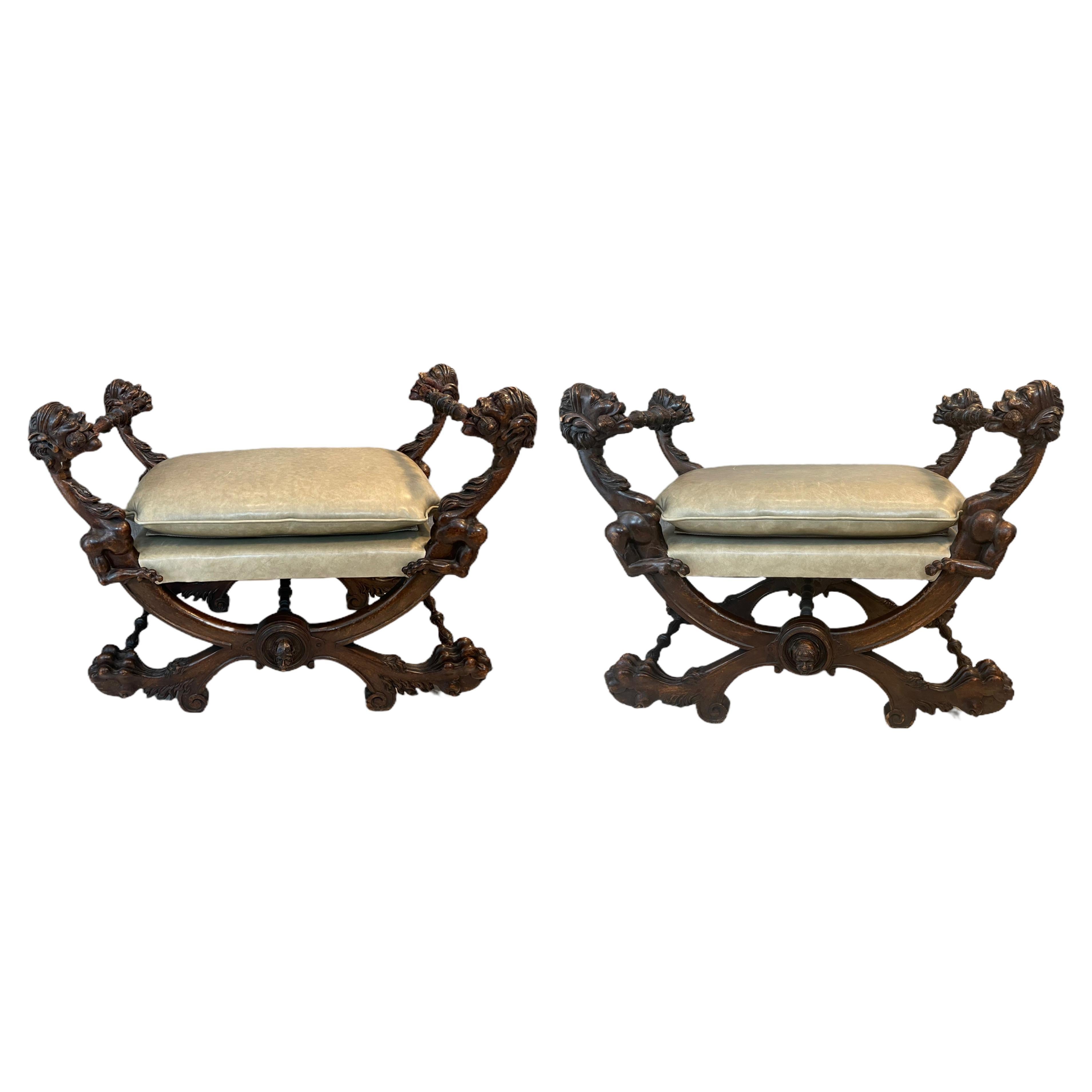 Pair of 19th Century Italian Carved Baroque Walnut Ottoman/Stools For Sale
