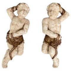 Pair of 19th Century Italian Carved Painted Giltwood Cherub