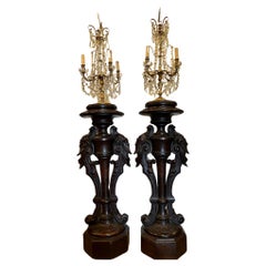 A Pair of 19th Century Italian  Crystal Table Lamps on Carved Pedestals