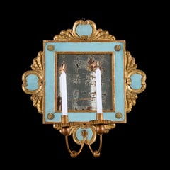 A Pair of 19th Century Italian Giltwood and Blue painted Girandoles