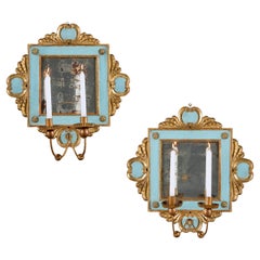 A Pair of 19th Century Italian Giltwood and Blue painted Girandoles