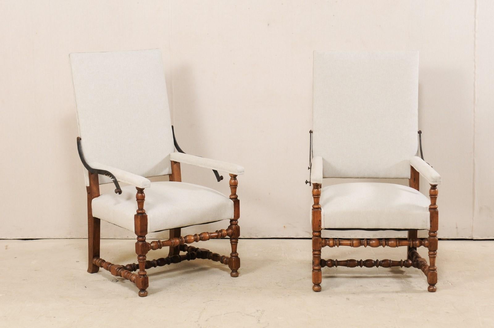 Wood Pair of 19th Century Italian Reclining-Back Armchairs, Louis XIII Style