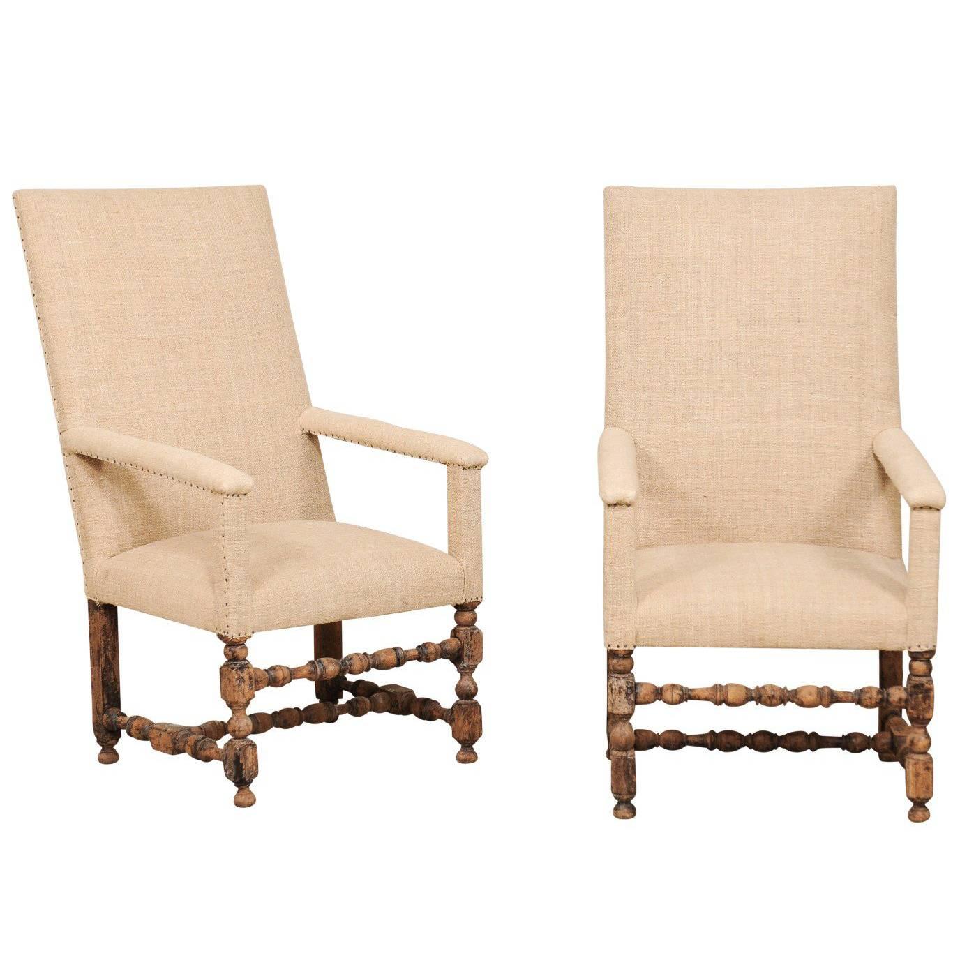 Pair of 19th Century Italian Upholstered and Carved Wood Armchairs