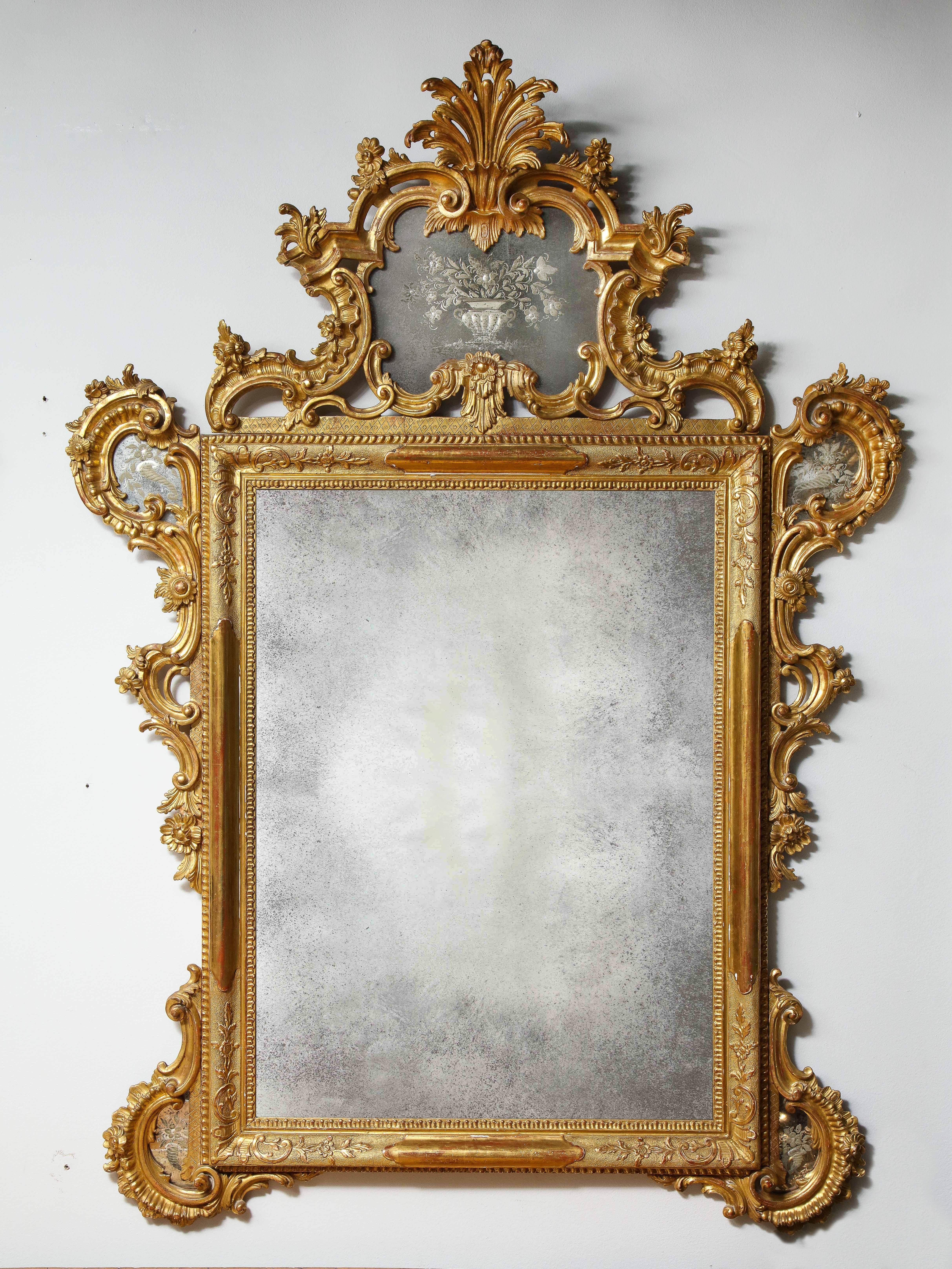 Une fantastique et grande paire de miroirs vénitiens en bois doré, gravés à la main et de style Louis XV/Roccoco du 19ème siècle. Ces magnifiques miroirs sont tous sculptés à la main avec des enroulements de feuillage, des fleurs, des vignes, des