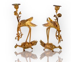 A Pair Of 19th Century Japanese Gilt Bronze Crane Candlesticks Okimonos