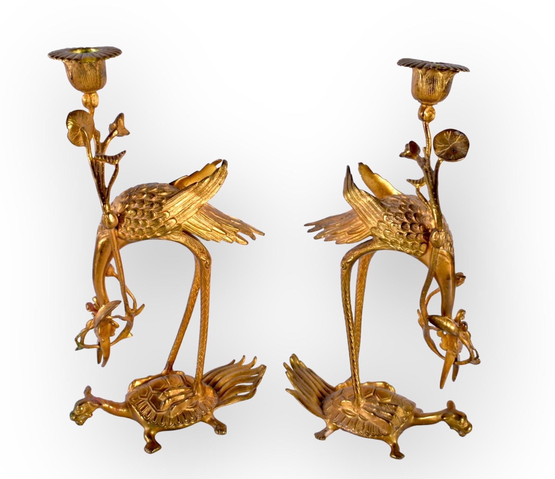 A Pair Of 19th Century Japanese Gilt Bronze Crane Candlesticks Okimonos In Good Condition For Sale In London, GB