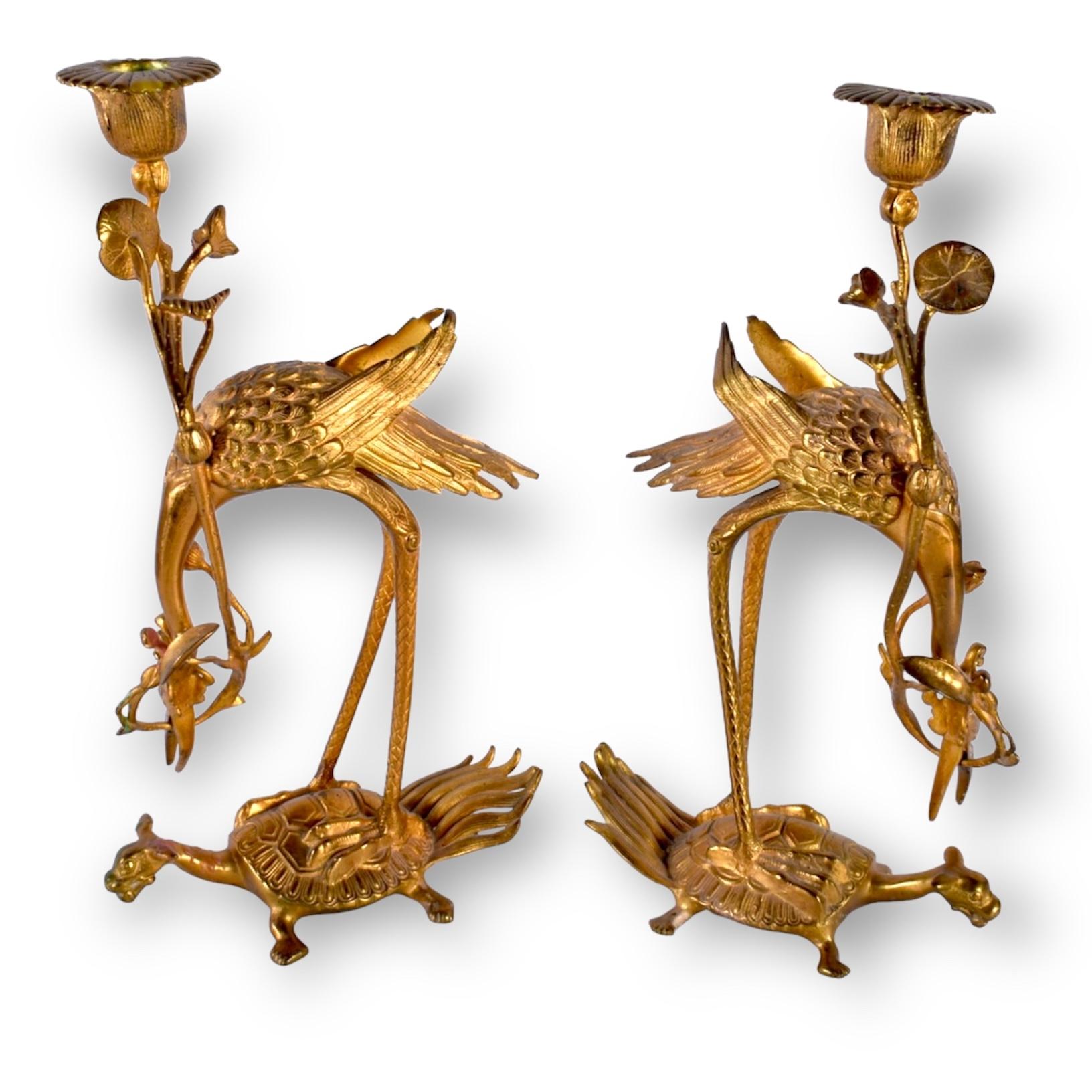 A Pair Of 19th Century Japanese Gilt Bronze Crane Candlesticks Okimonos For Sale 1