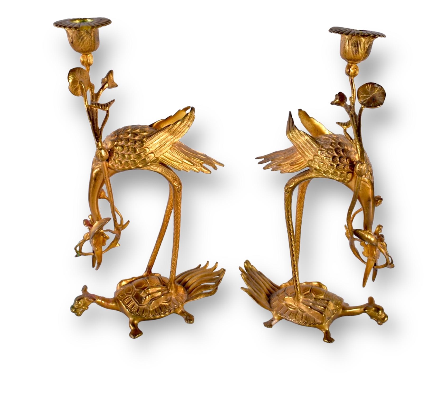 A Pair Of 19th Century Japanese Gilt Bronze Crane Candlesticks Okimonos For Sale 3