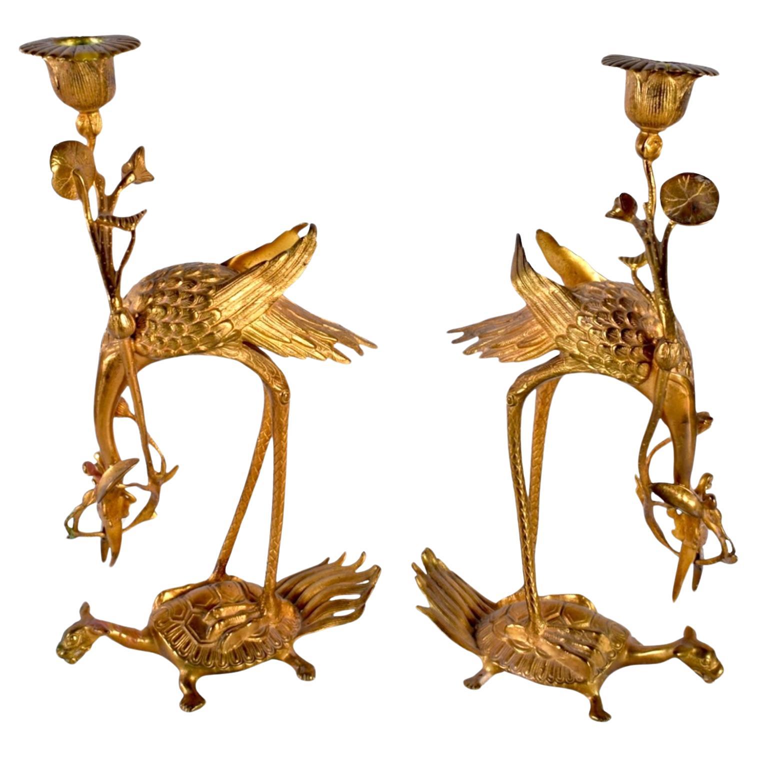 A Pair Of 19th Century Japanese Gilt Bronze Crane Candlesticks Okimonos For Sale