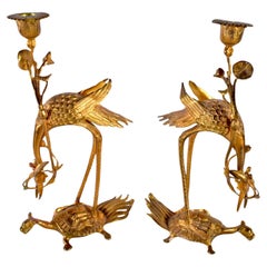 Ein Paar japanische vergoldete Bronze Crane Kerzenständer Okimonos aus dem 19.