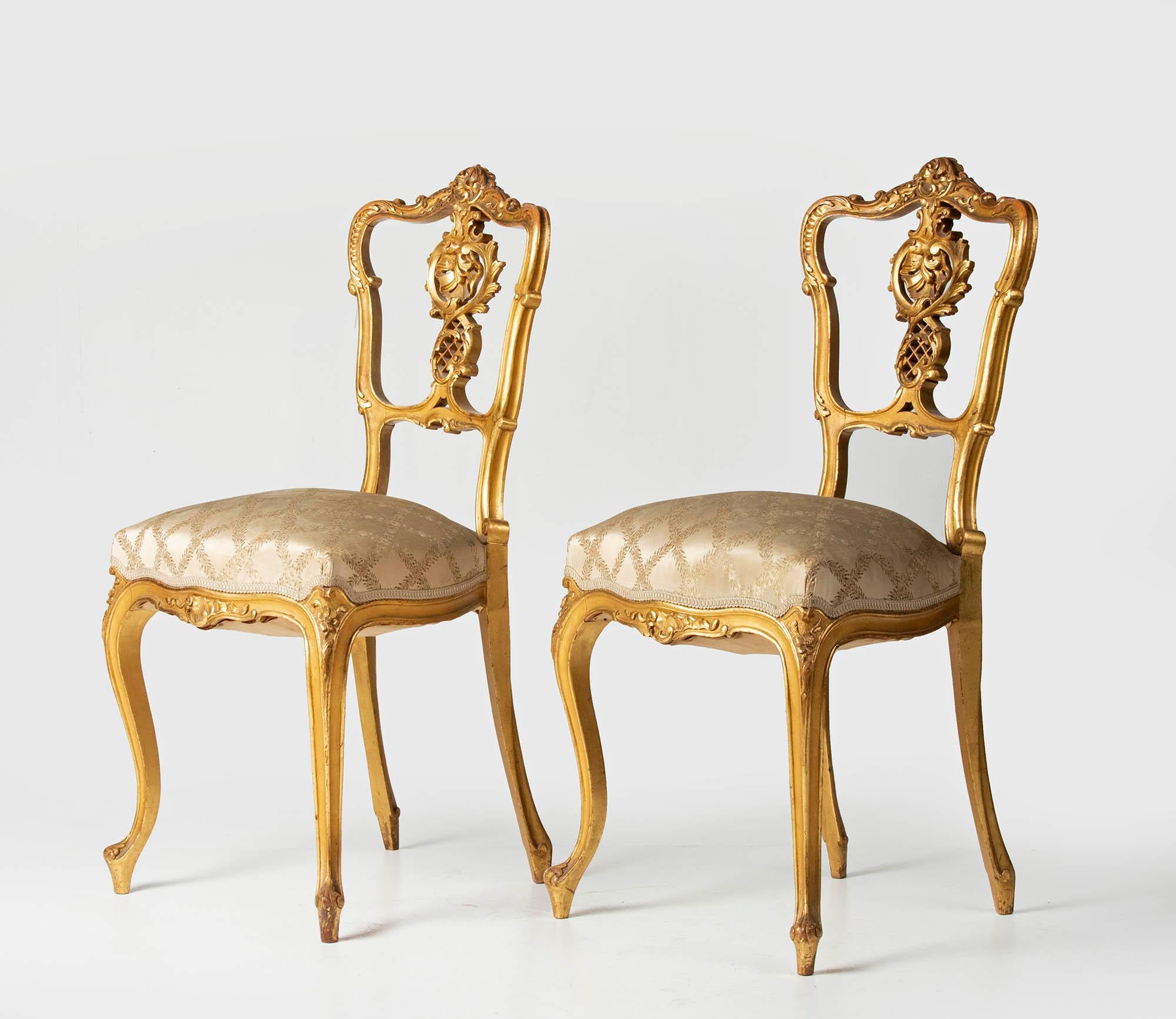 Hand-Carved Pair of 19th Century Louis XV Style French Gold-Leaf Gilded Chairs