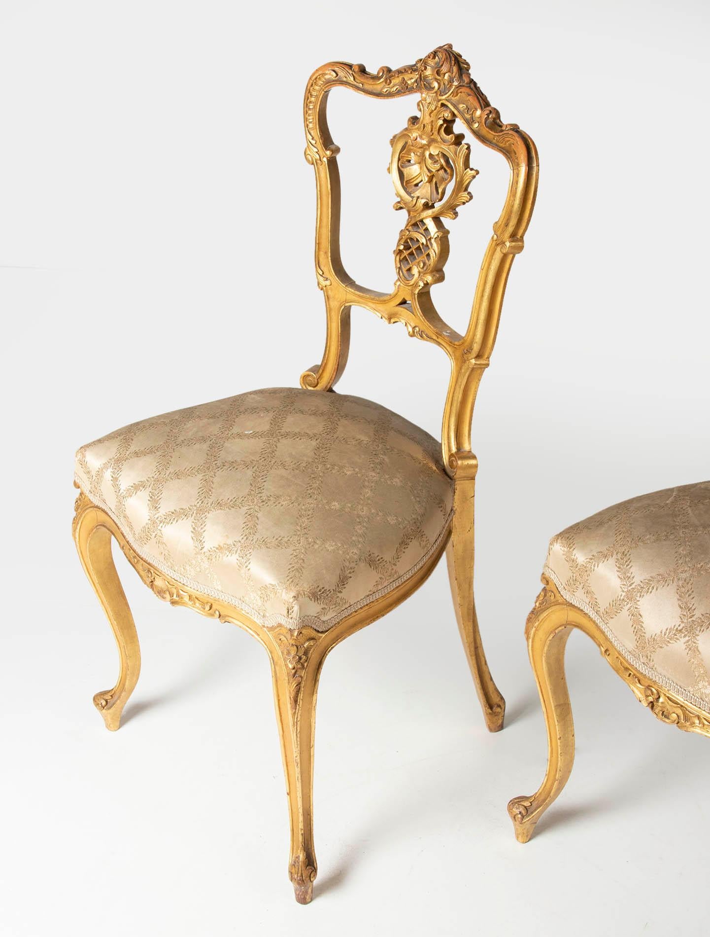 Pair of 19th Century Louis XV Style French Gold-Leaf Gilded Chairs 3