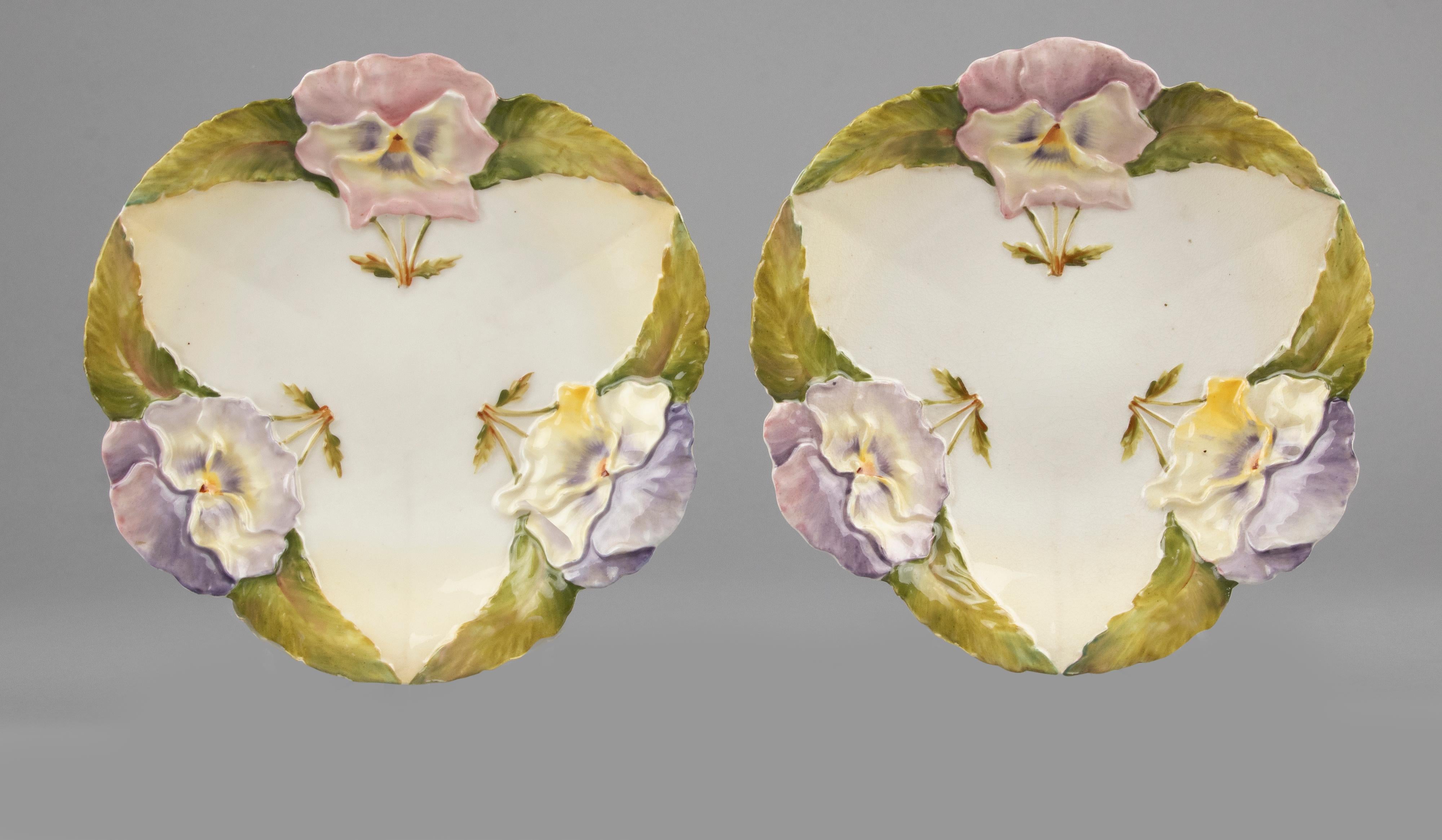 Pair of 19th Century Majolica Plates Decorated with Flowers For Sale
