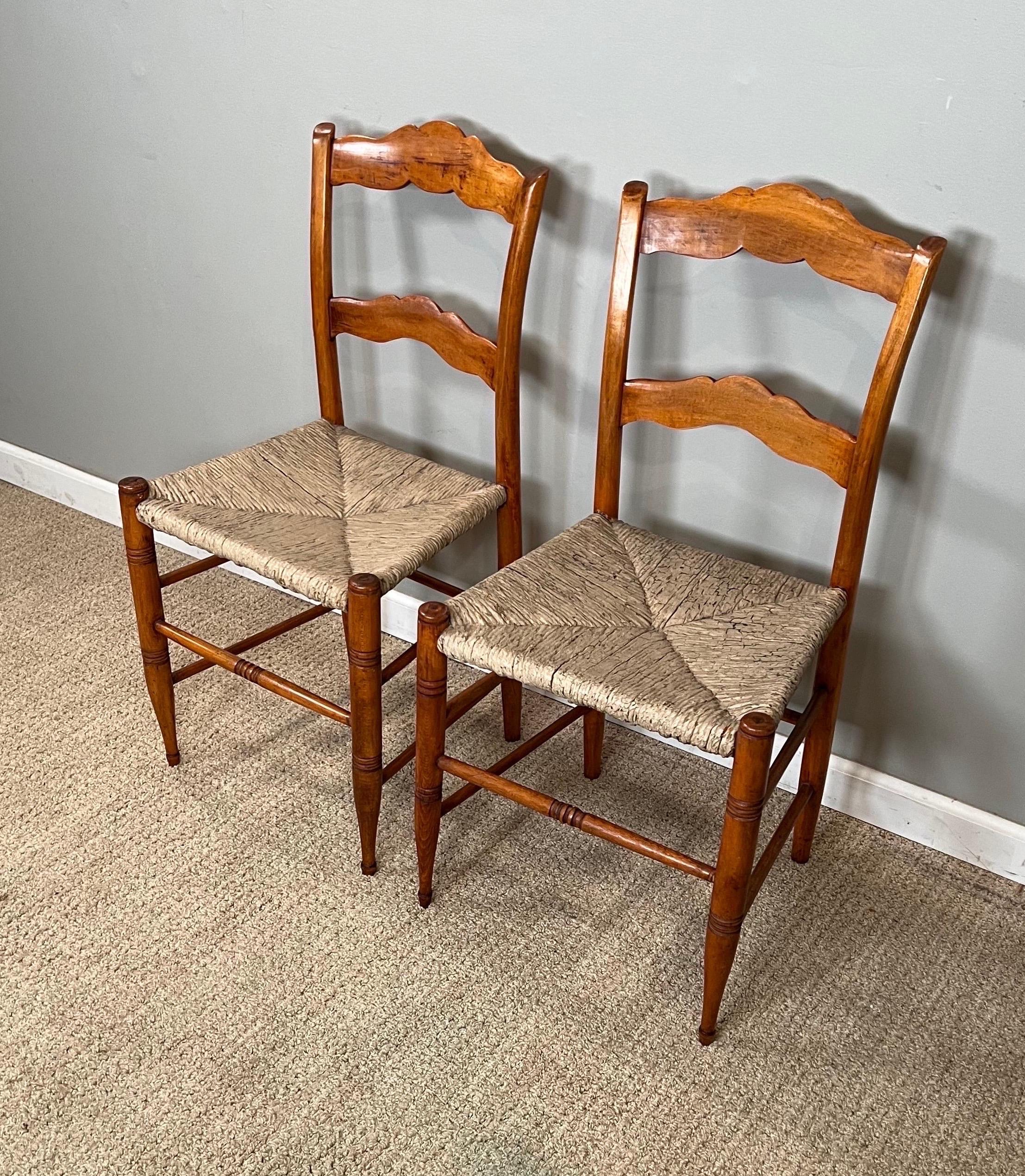 Painted Pair of 19th Century Maple Side Chairs with Rush Seats For Sale
