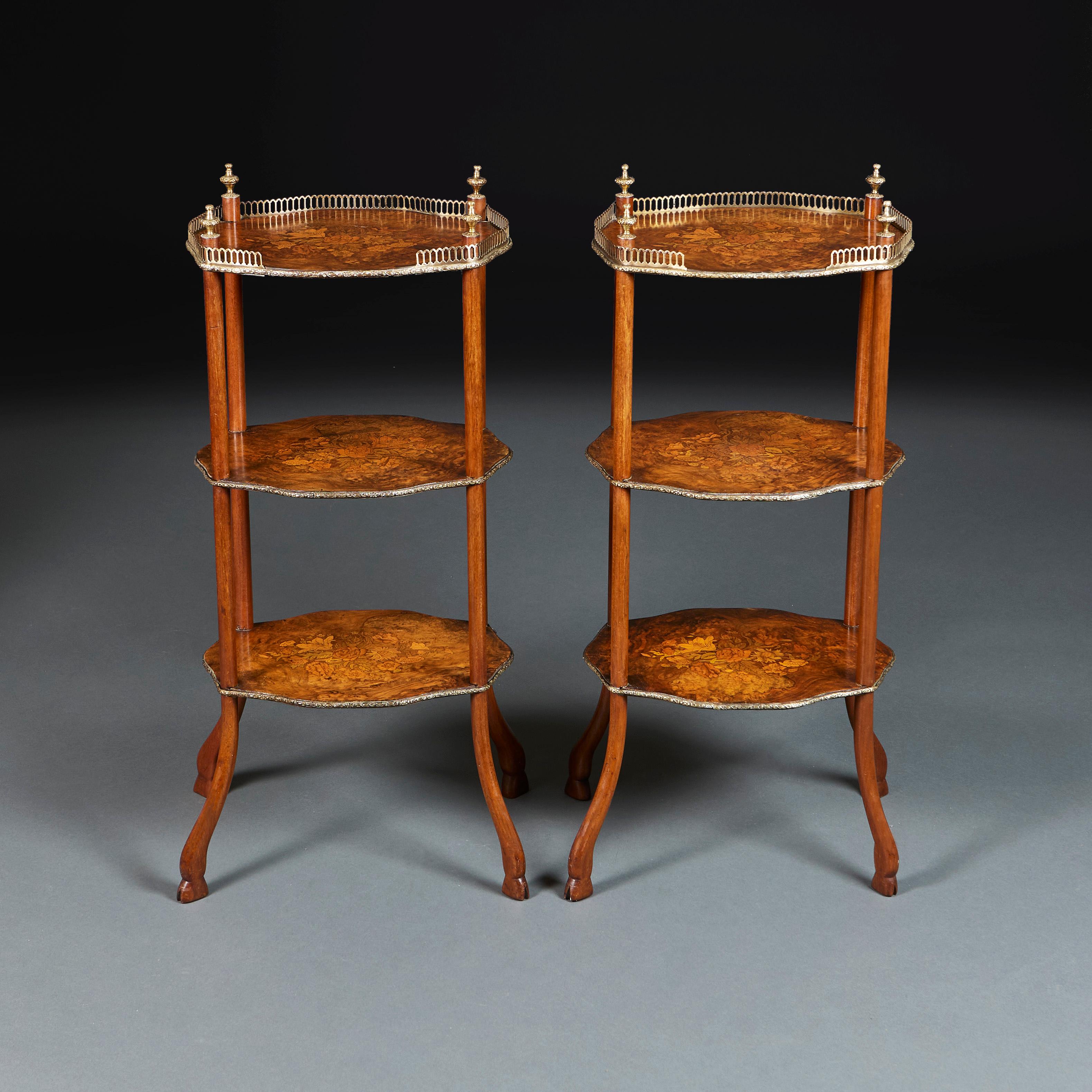 English Pair of 19th Century Marquetry Three Tier Etageres For Sale