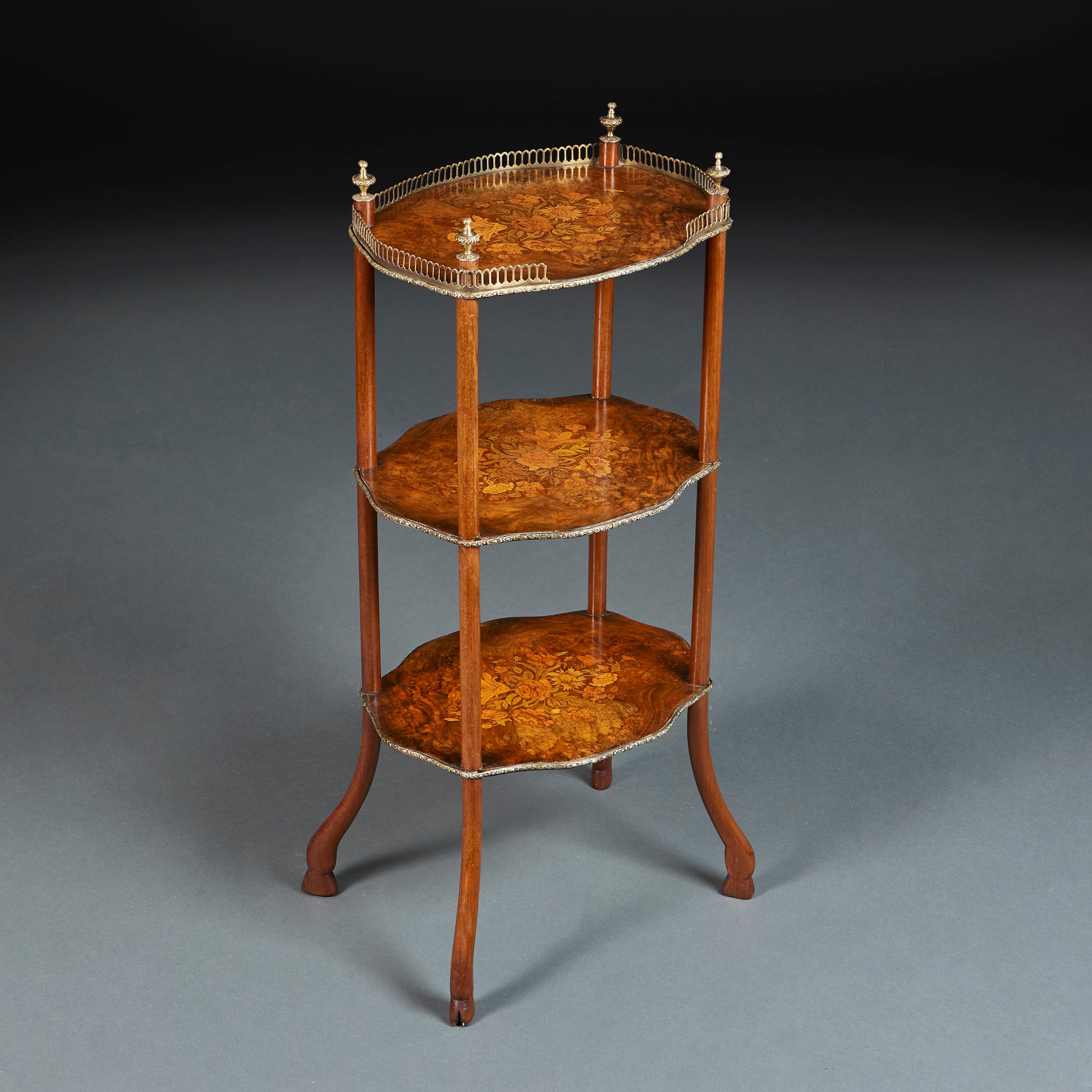 Brass Pair of 19th Century Marquetry Three Tier Etageres For Sale