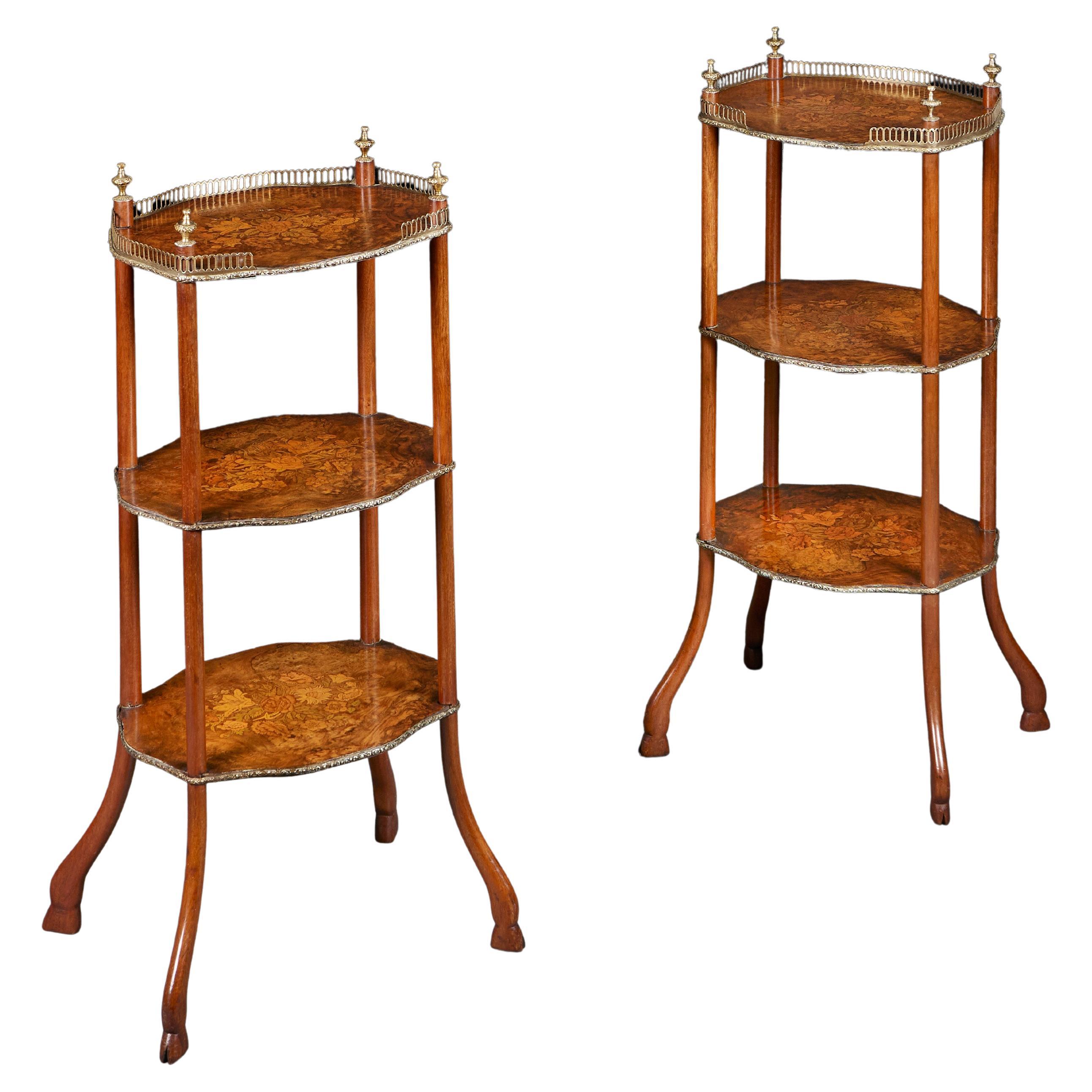 Pair of 19th Century Marquetry Three Tier Etageres For Sale