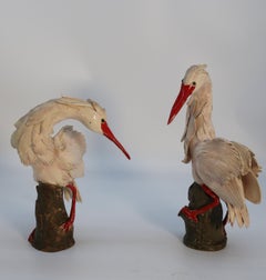 A pair of 19th century Meiji period Japanese hand made pottery storks, c 1900