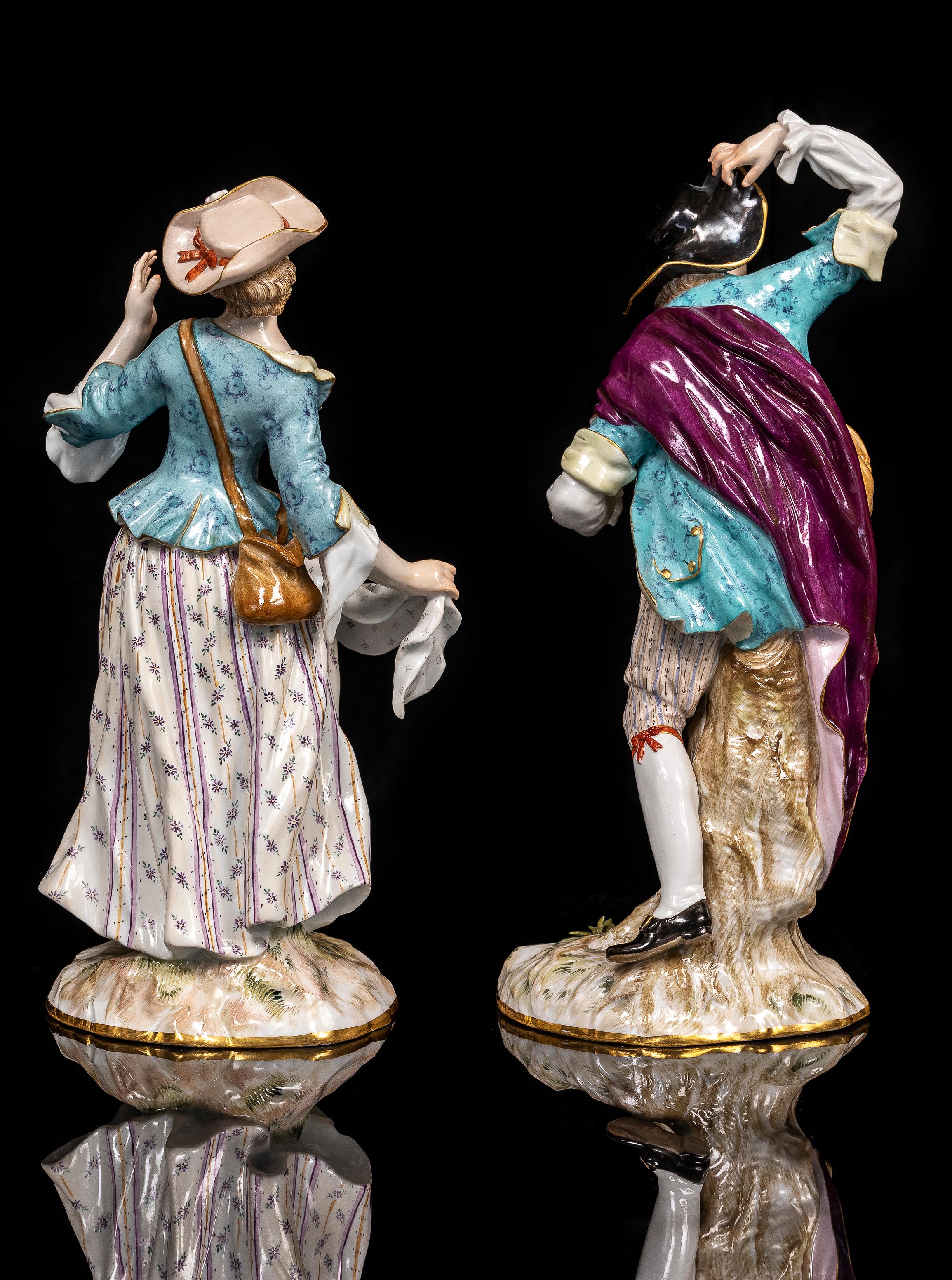 Pareja de figuras de porcelana de Meissen del siglo XIX de hombre y mujer ataviados Alemán en venta