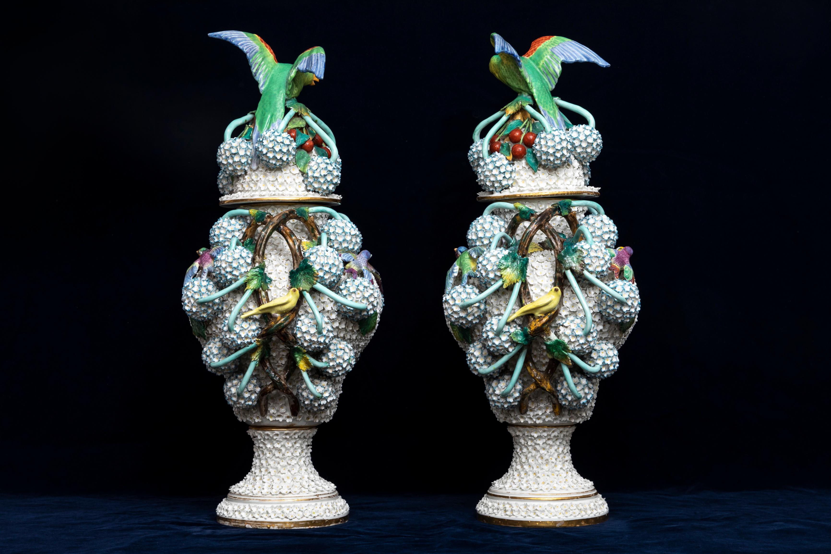 German A Pair of 19th Century Meissen Porcelain Scheenballen Parrot Covered Vases