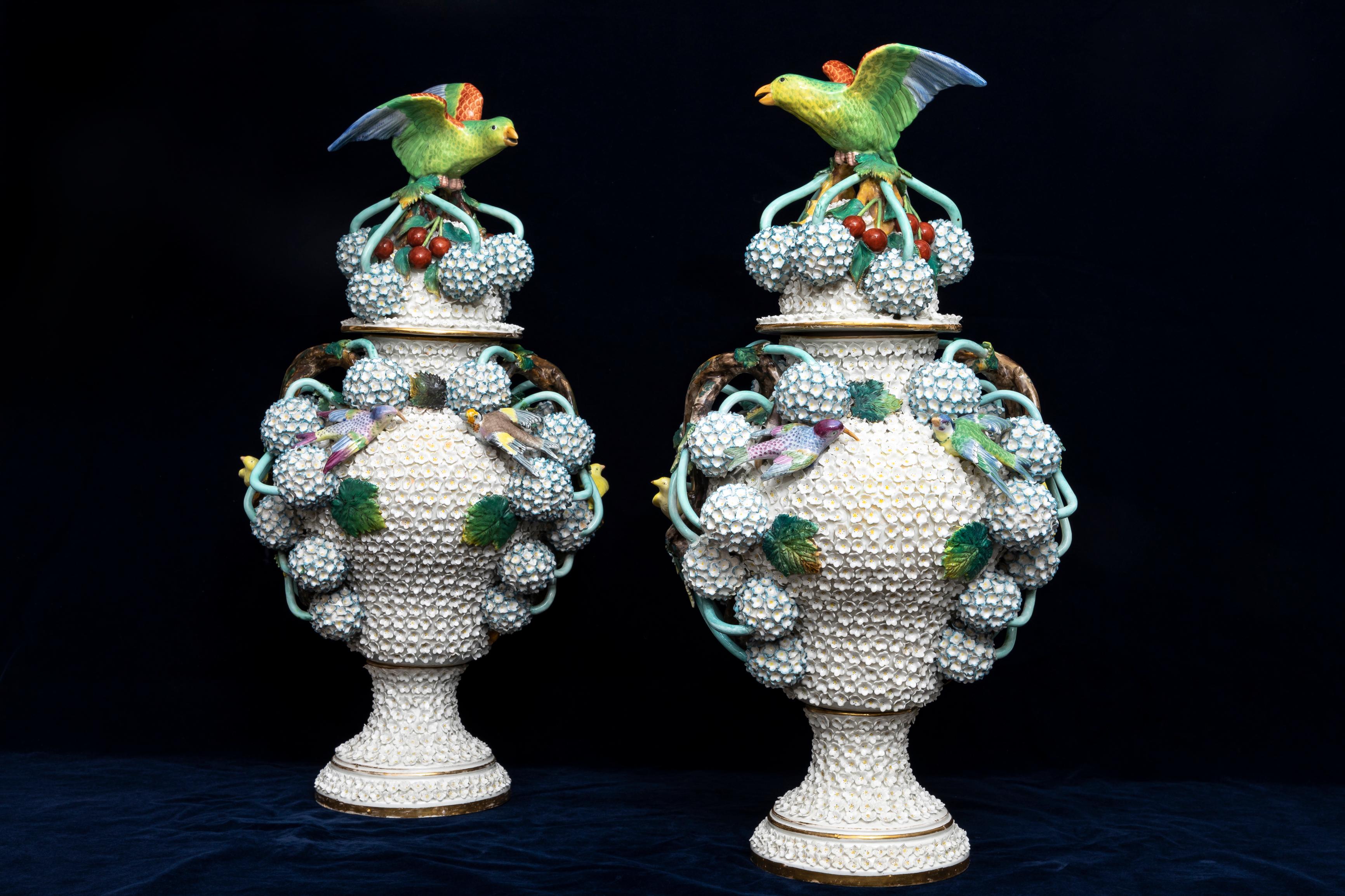Hand-Carved A Pair of 19th Century Meissen Porcelain Scheenballen Parrot Covered Vases