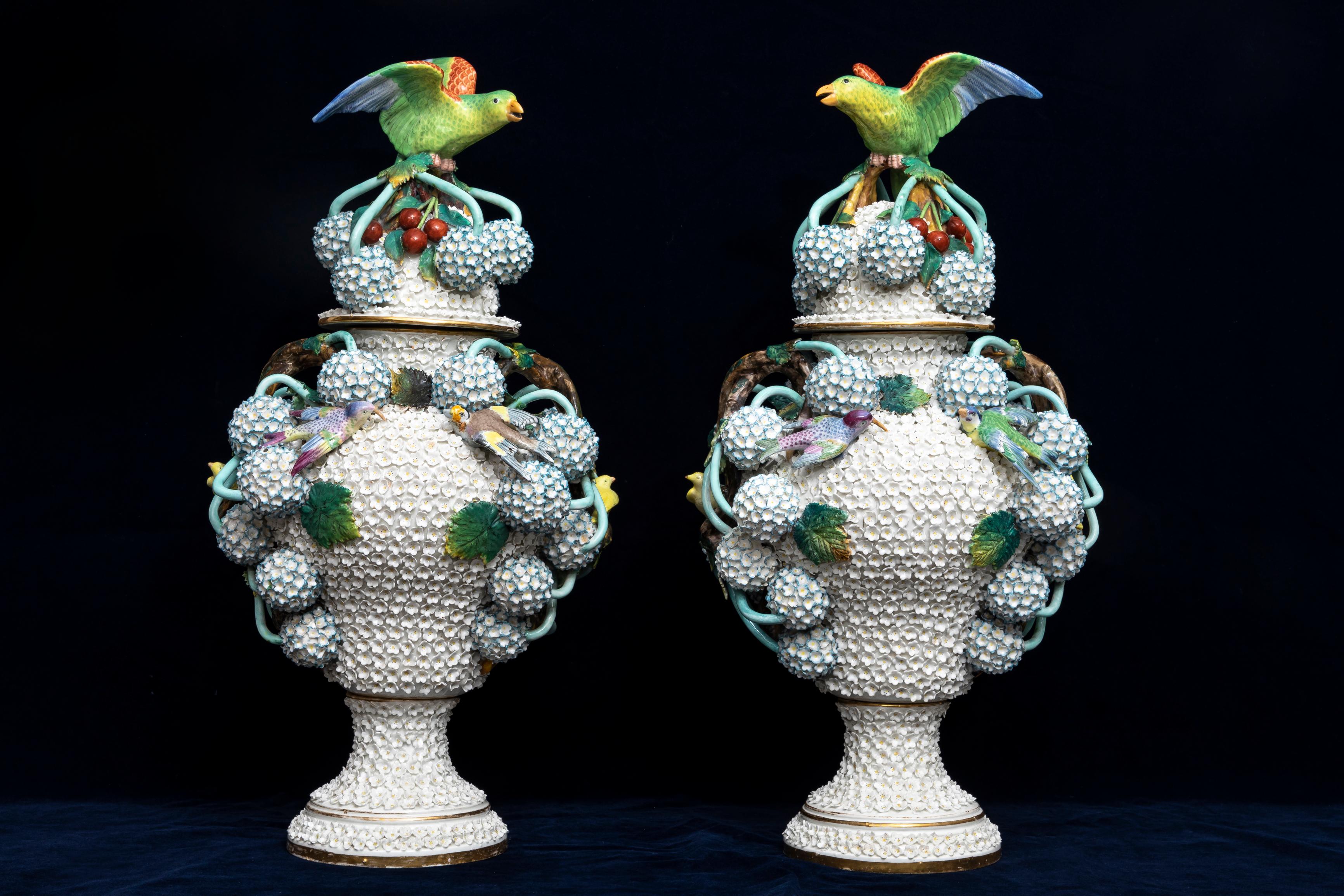 A Pair of 19th Century Meissen Porcelain Scheenballen Parrot Covered Vases In Good Condition In New York, NY