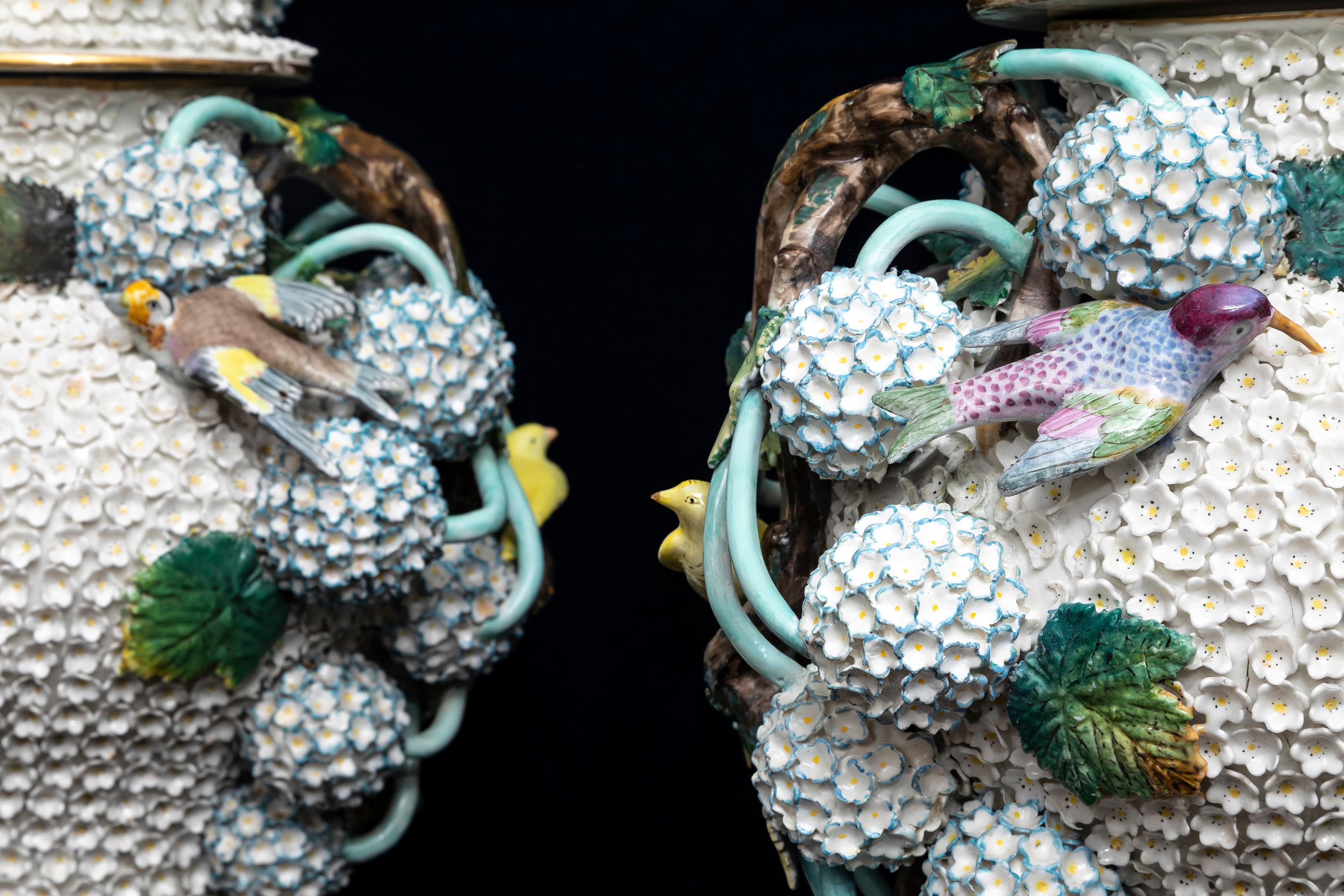 A Pair of 19th Century Meissen Porcelain Scheenballen Parrot Covered Vases 2