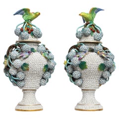 A Pair of 19th Century Meissen Porcelain Scheenballen Parrot Covered Vases