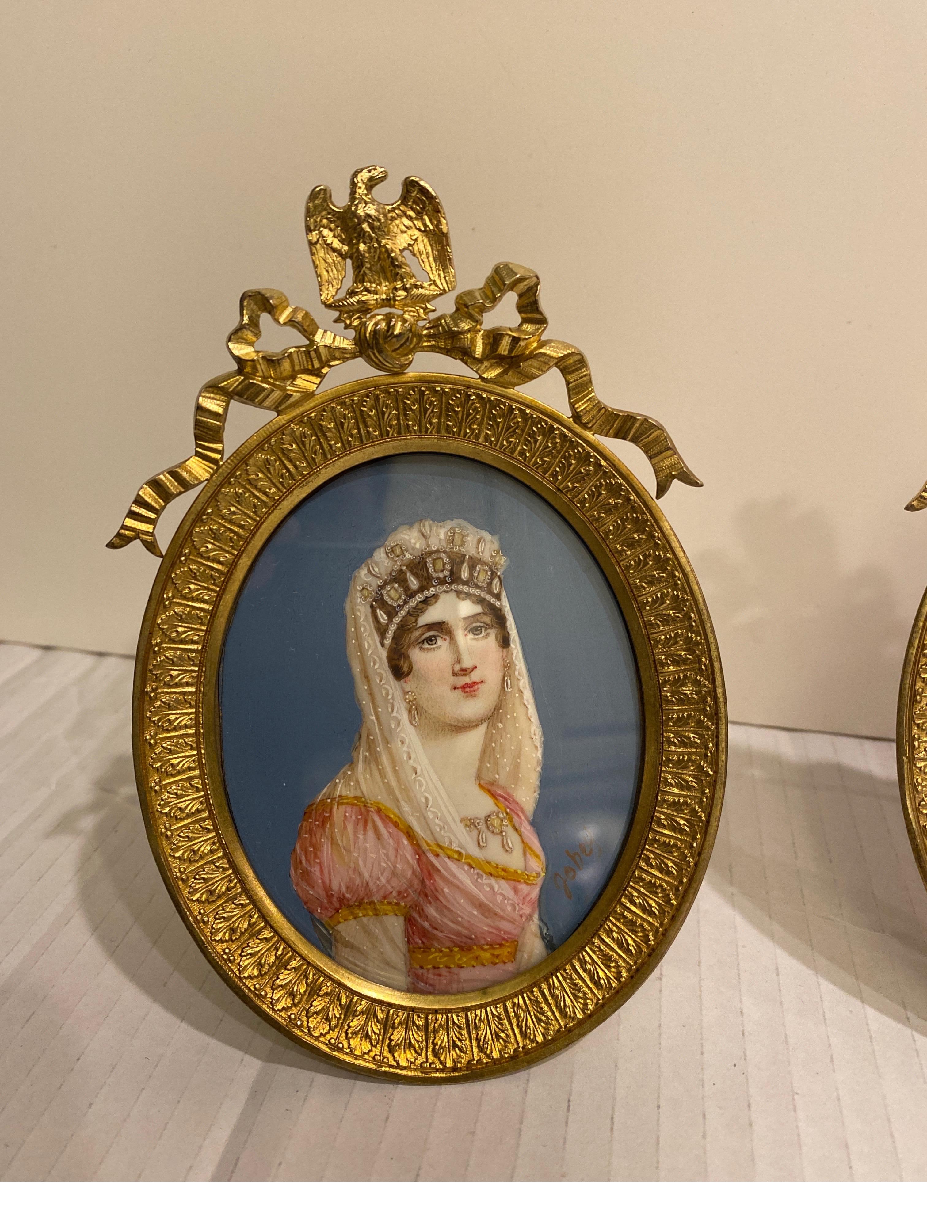 A lovely pair of miniature portraits of Napoleon Bonaparte and Josephine De Beauharnais. The detailed portraits with oval gilt bronze easel back frames, Europe, probably French, Circa 1870, 5.5 inches tall, 3.5 inches wide, the frame without the