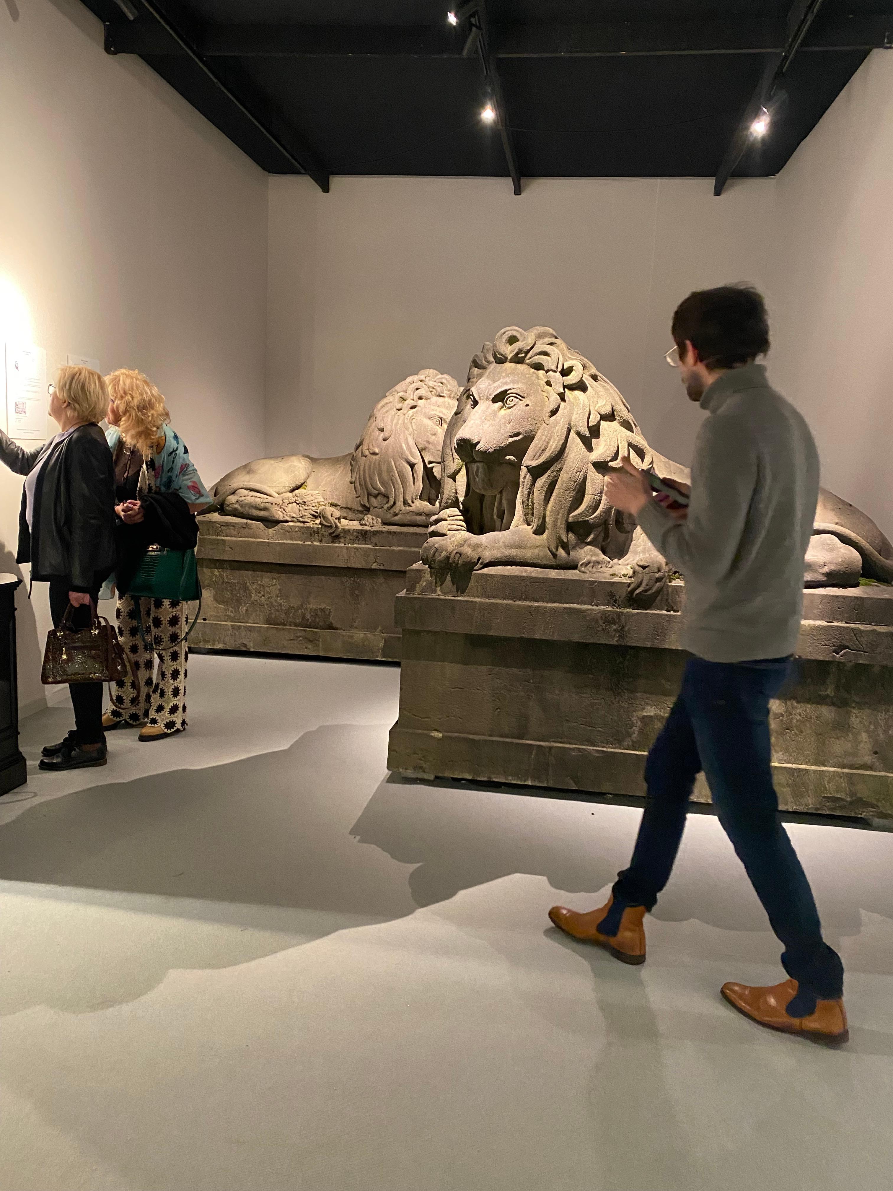A pair of 19th century monumental carved stone lions.  Belgium around 1840 5