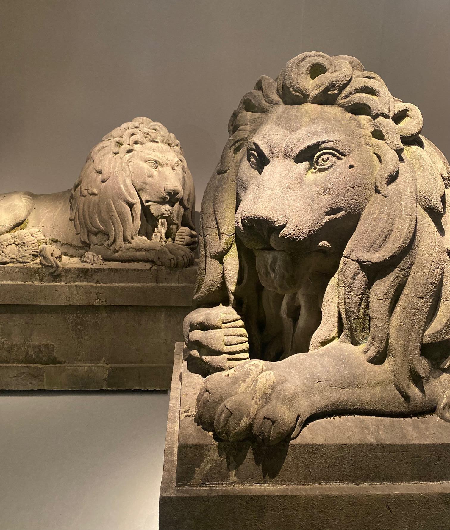 A pair of 19th century monumental carved stone lions.  Belgium around 1840 7