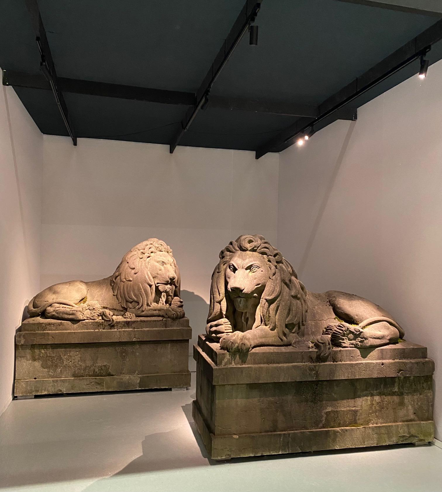 Neoclassical A pair of 19th century monumental carved stone lions.  Belgium around 1840