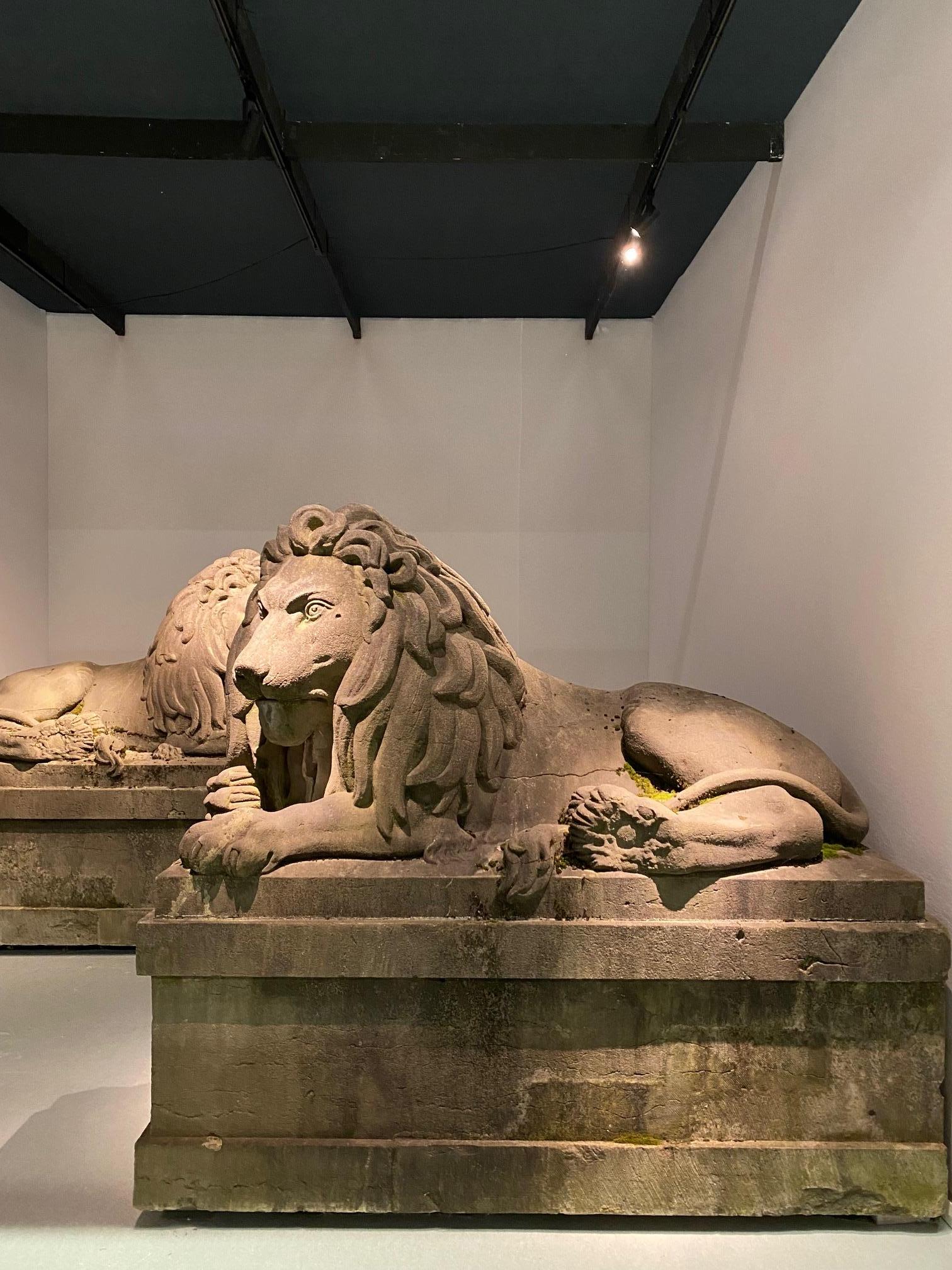 Belgian A pair of 19th century monumental carved stone lions.  Belgium around 1840