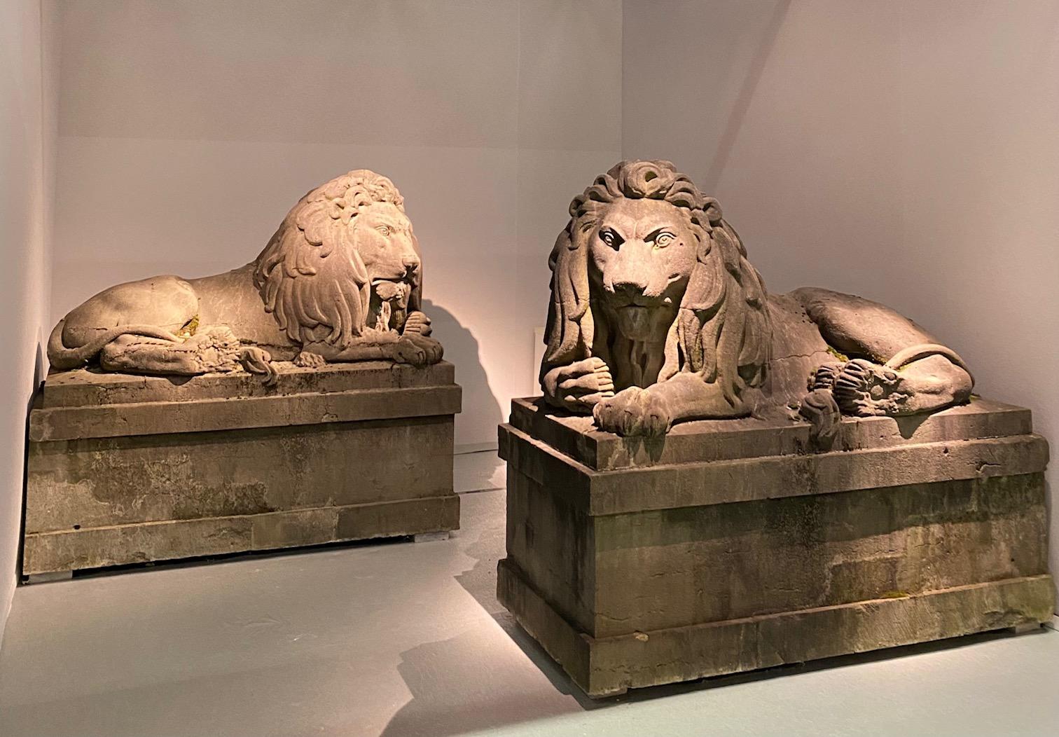 Carved A pair of 19th century monumental carved stone lions.  Belgium around 1840