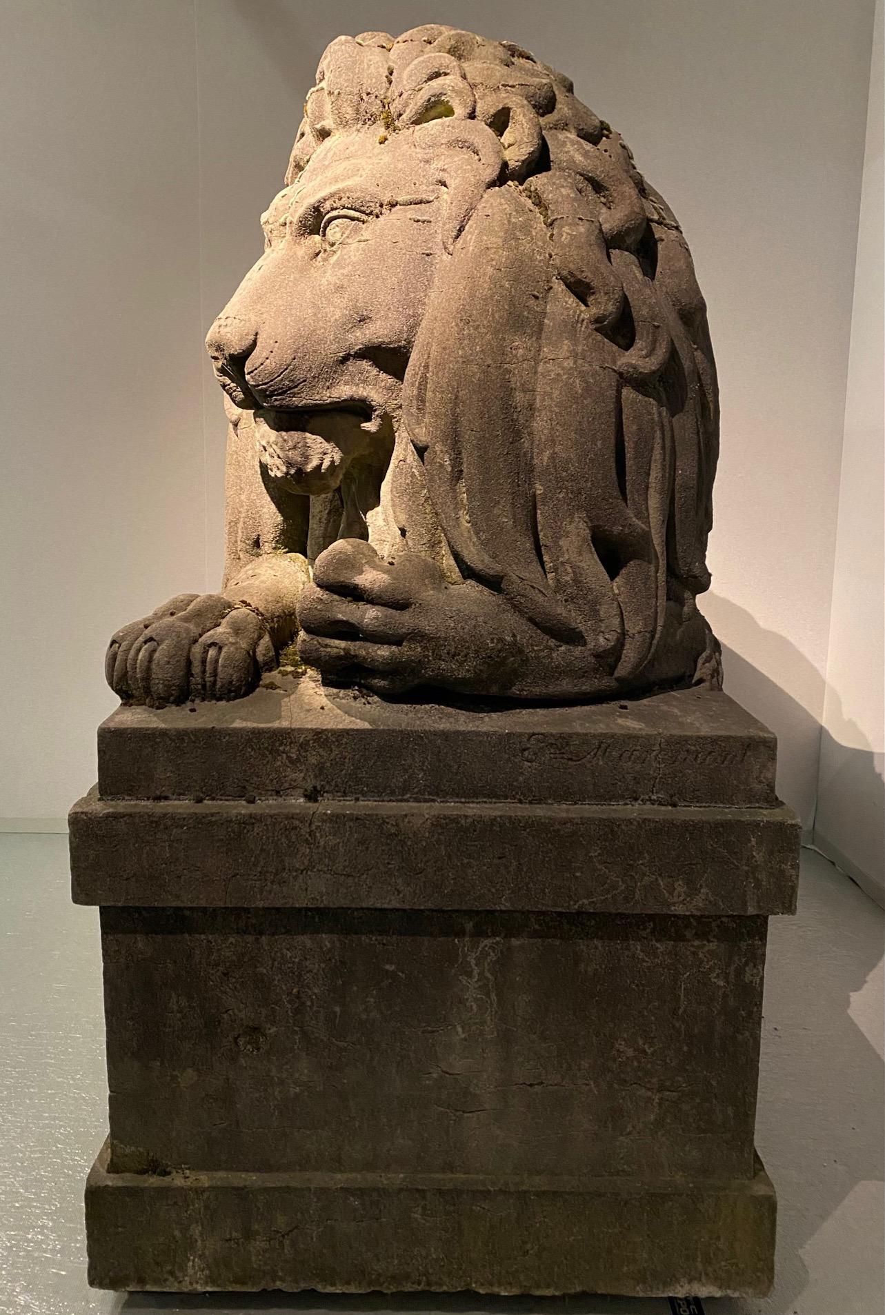 Mid-19th Century A pair of 19th century monumental carved stone lions.  Belgium around 1840