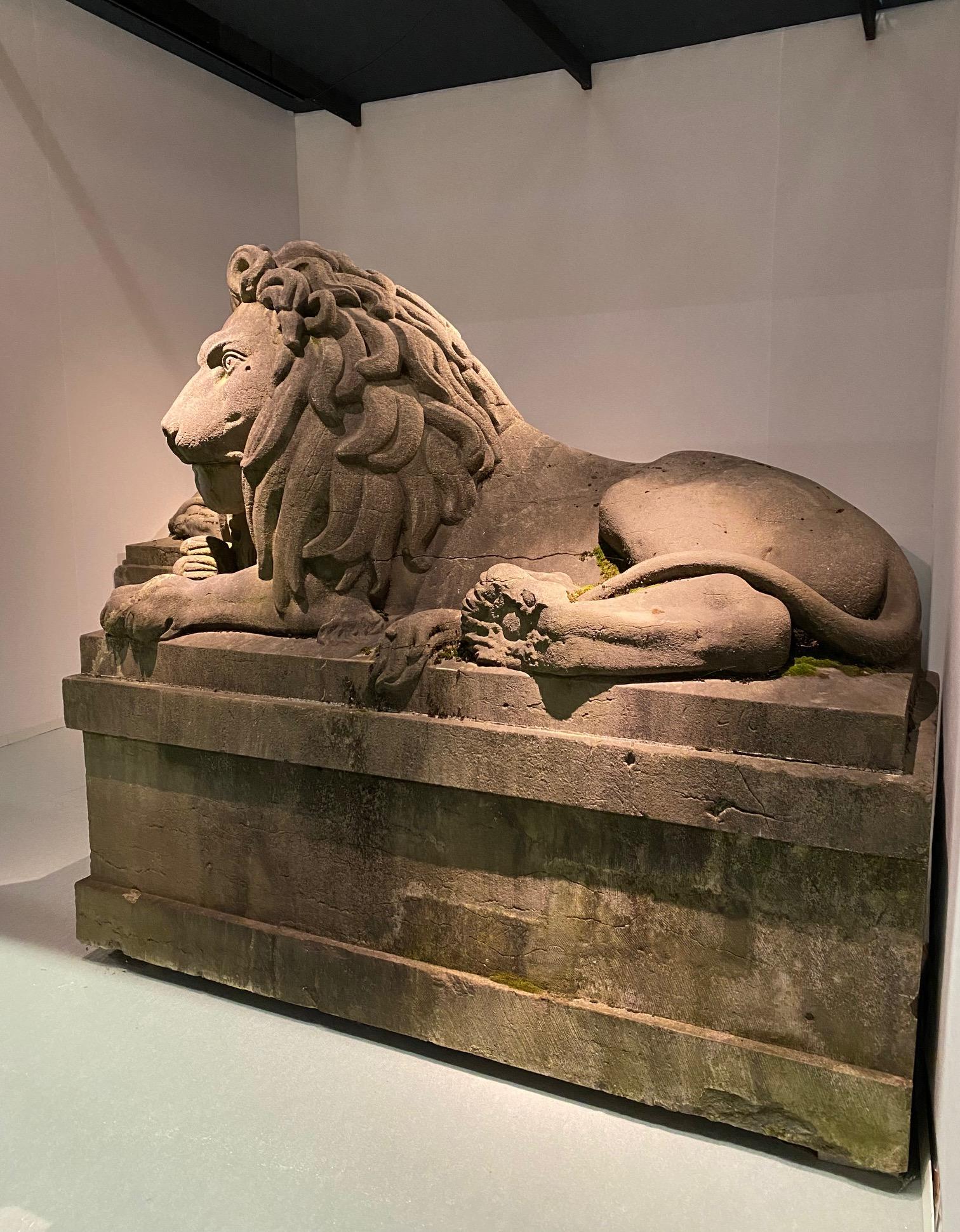 A pair of 19th century monumental carved stone lions.  Belgium around 1840 1