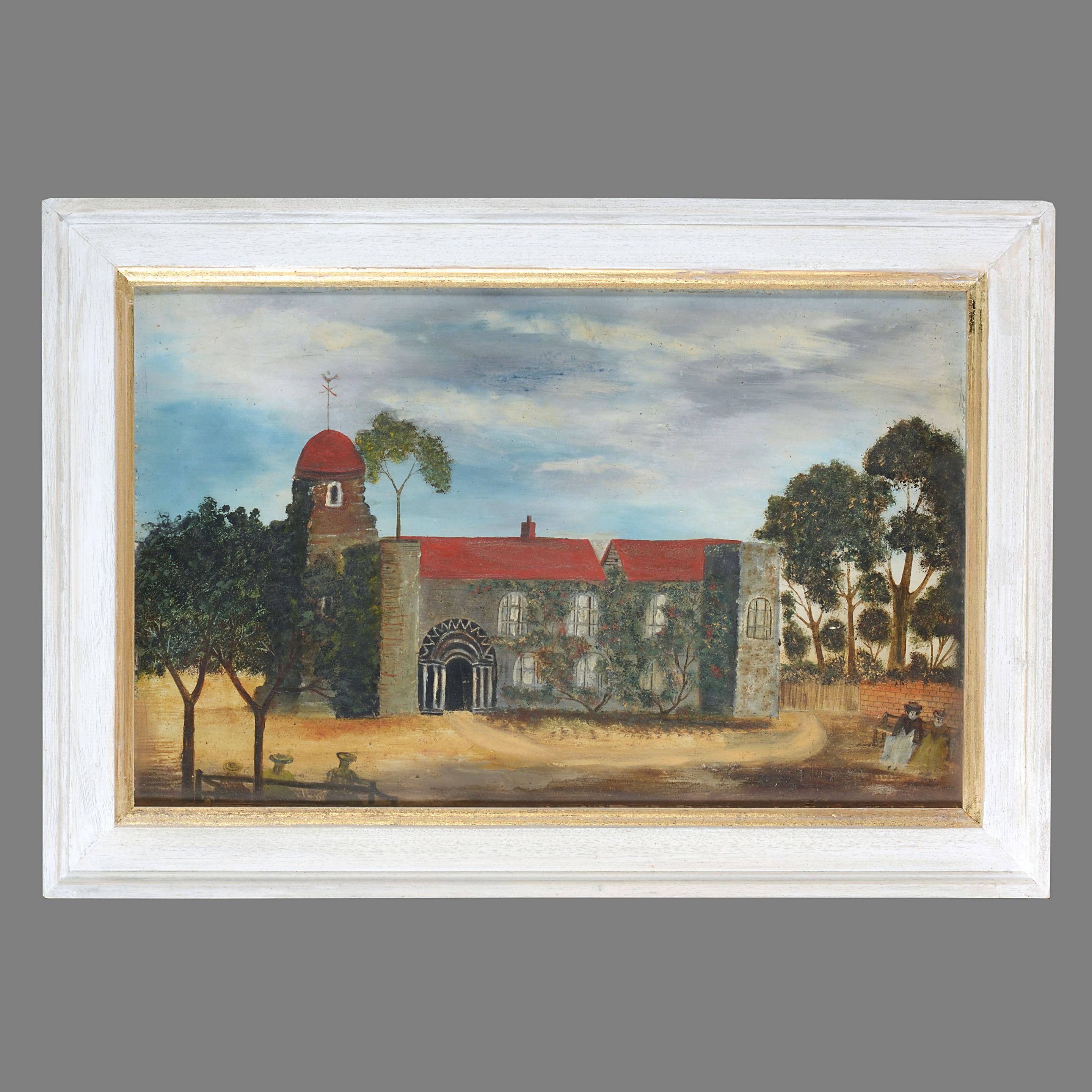 A charming pair of late 19th century naive landscapes, depicting figures by ancient buildings in Essex, one depicting the old Colchester Castle. Set in painted parcel gilded frames. 

Oils on panels. 

Dimensions refer to size of frames.