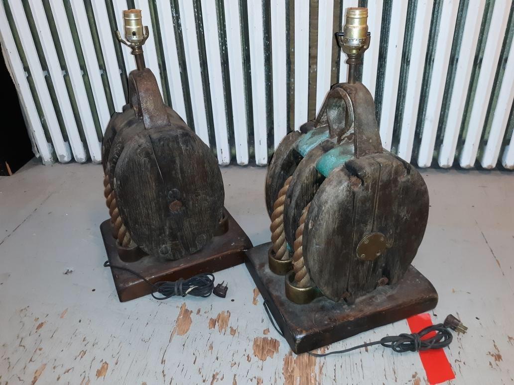 American Pair of 19th Century Nautical Pullies Now as Lamps
