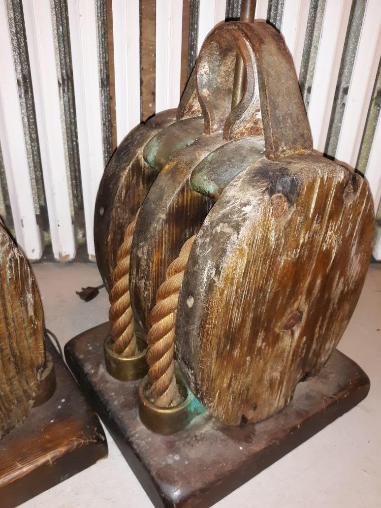 Rope Pair of 19th Century Nautical Pullies Now as Lamps