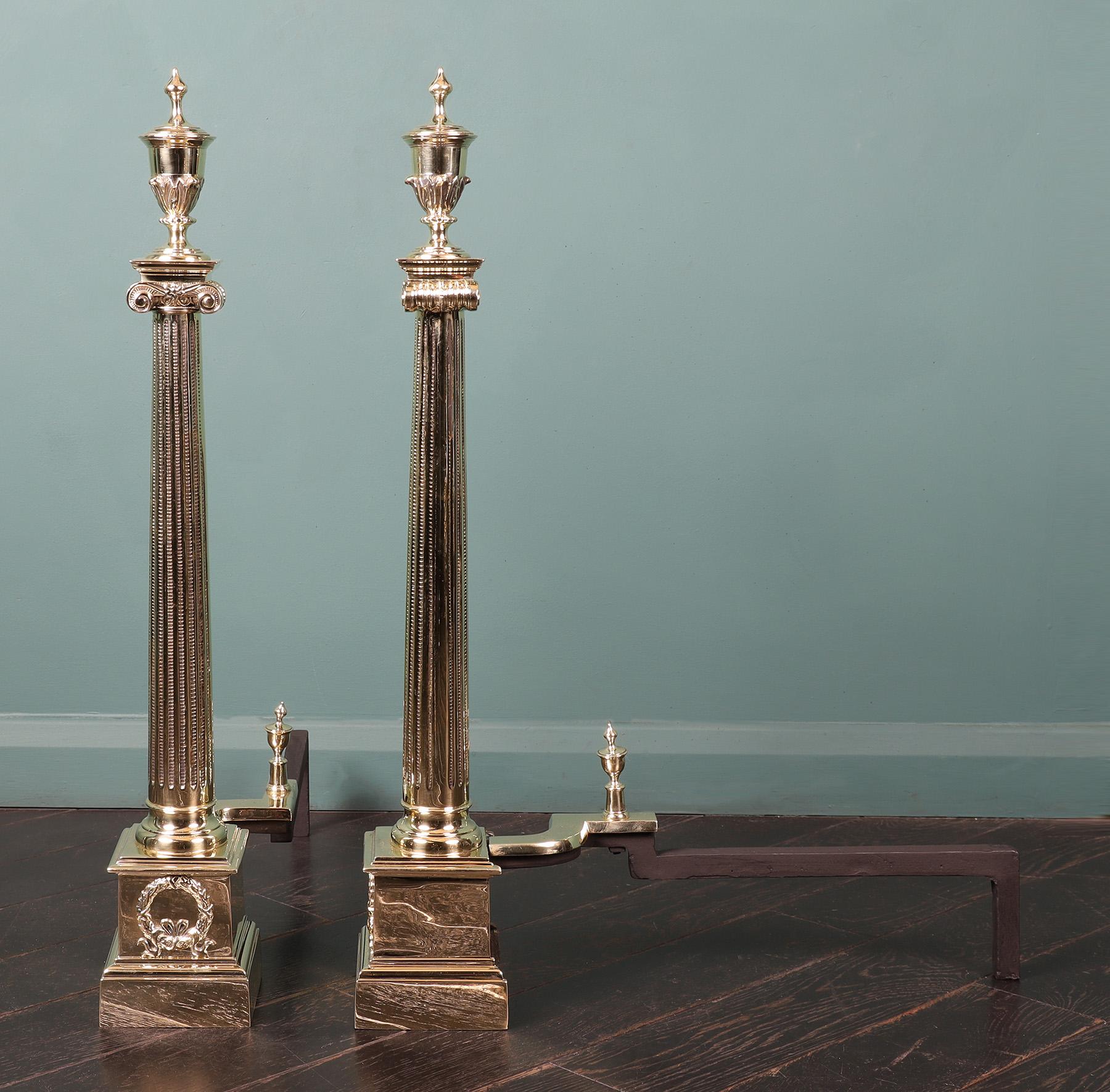 Neoclassical A Pair of 19th Century Neo-Classical Brass Andirons For Sale