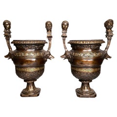 Antique A Pair of 19th century Neoclassical Style Patinated Bronze Urns