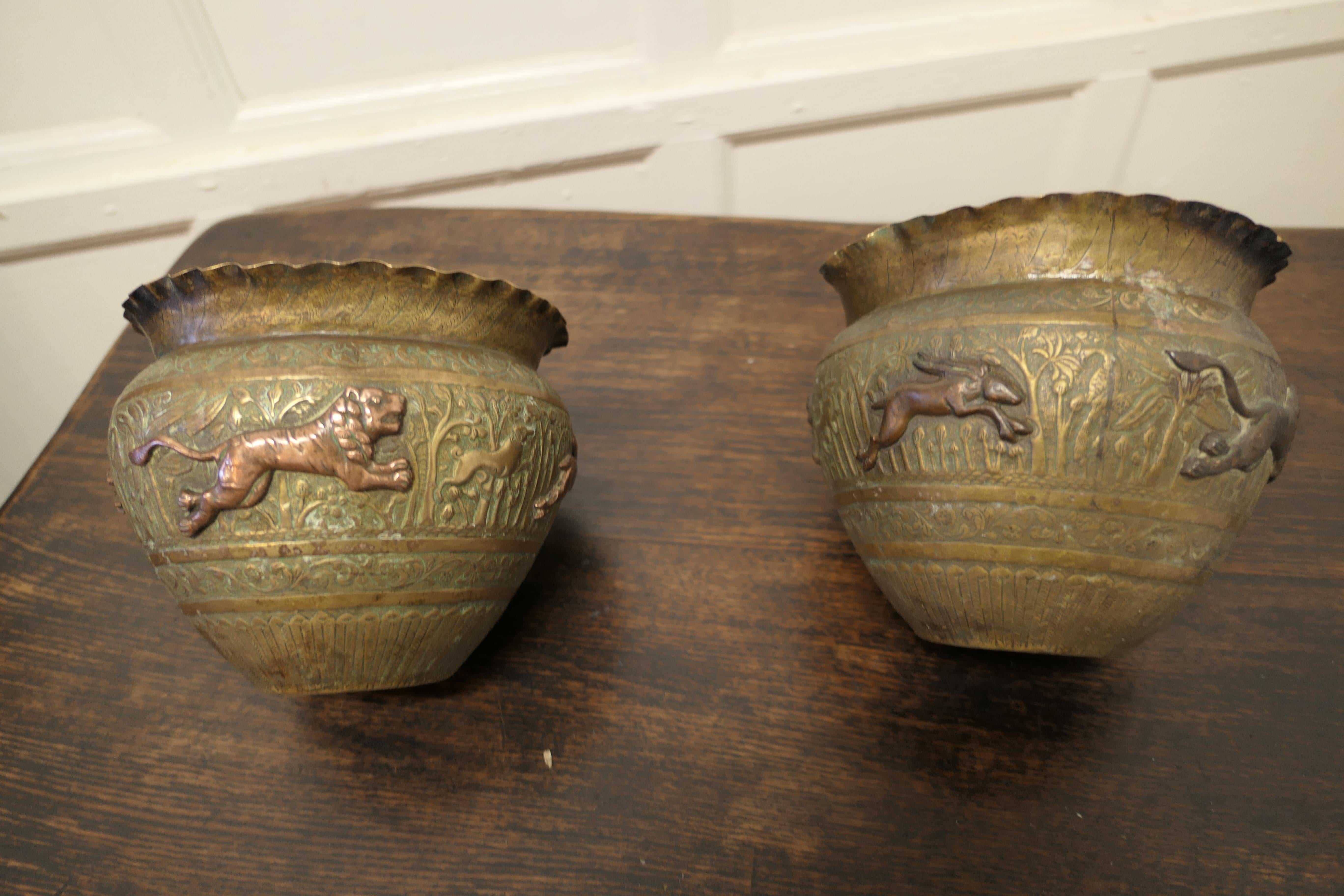 Bohemian Pair of 19th Century North African Brass and Copper Jardiniere Pots For Sale